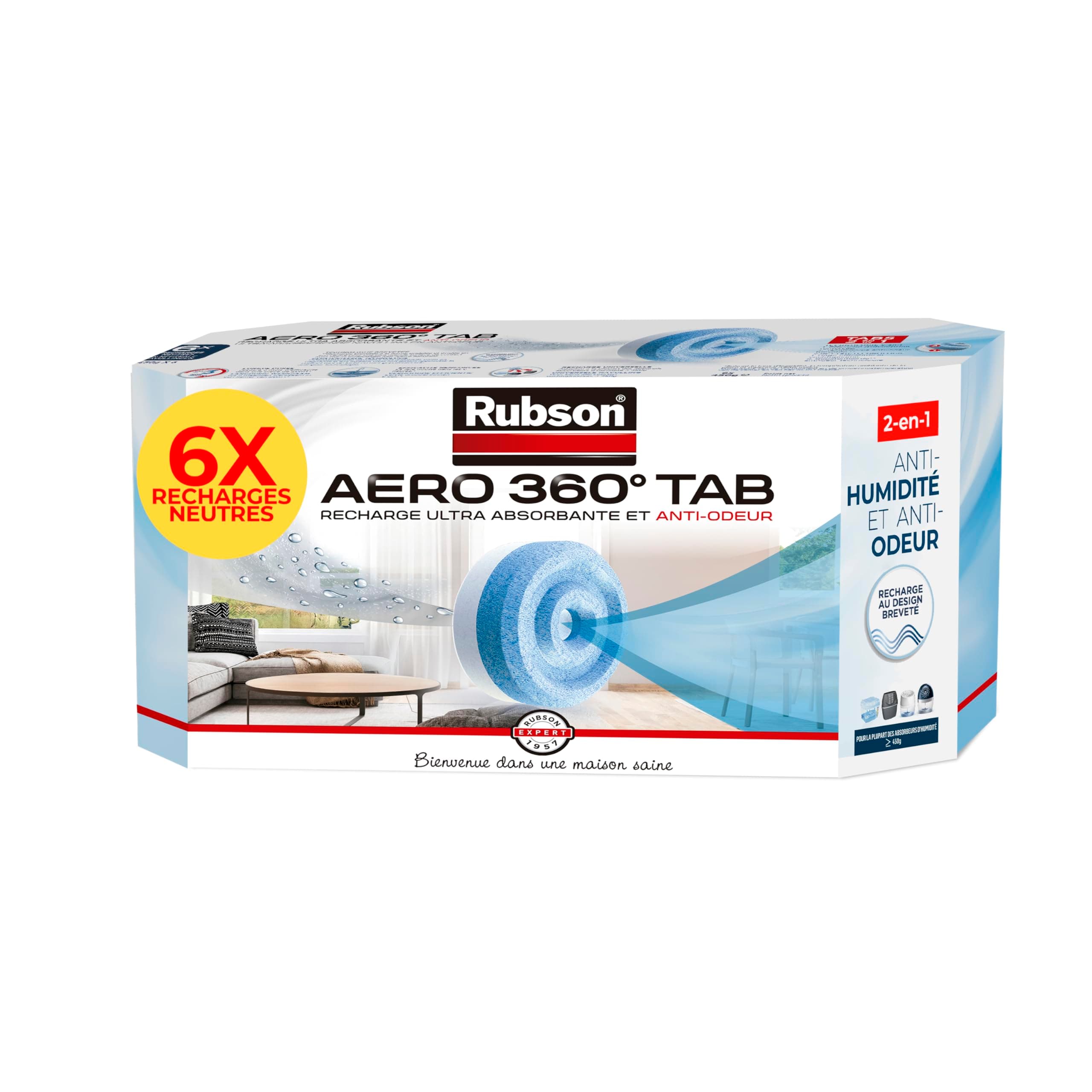 Rubson AERO 360° TAB, recharges en tabs neutres pour absorbeur d'humidité, ultra absorbantes et anti odeurs recharges pour déshumidificateurs AERO 360°, 6 x 450 g
