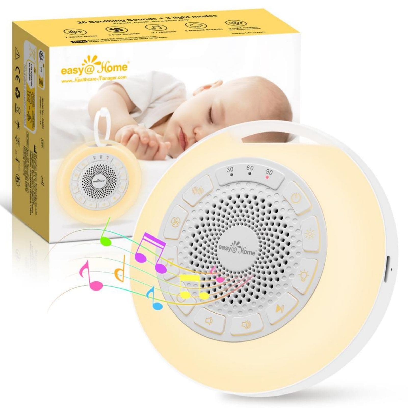 Máquina de Ruido Blanco para Dormir Bebé: Easy@Home Aparato de 26 Sonidos Relajantes con Luz Nocturna Ajustable Ambiental en Siete Colores & Temporizador丨Recargable por Tipo-C丨Blanco