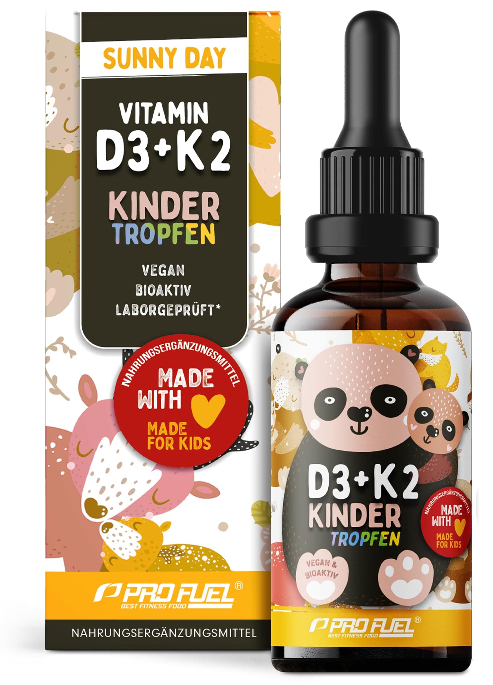 Vitamin D3 + K2 KINDER Tropfen 1000x für 333 Tage - mit 650 IE Vitamin D3 + 20 µg bioaktives Vitamin K2 MK7 (Pharmaquinone®) - Immunsystem & Knochen - laborgeprüft mit Zertifikat - 100% vegan