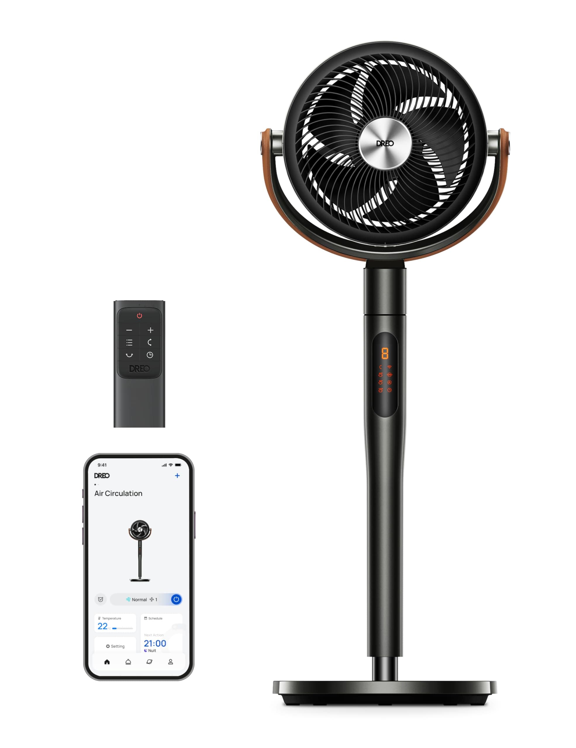 DREO Smart Ventilateur sur Pied 25dB Silencieux, Flux d'air 7.5 m/s, Portée de 30 m, Oscillation à 120° + 105°, avec Télécommande, 6 Modes, 8 Vitesses, Minuterie 12 h, Compatible avec Alexa, Noir