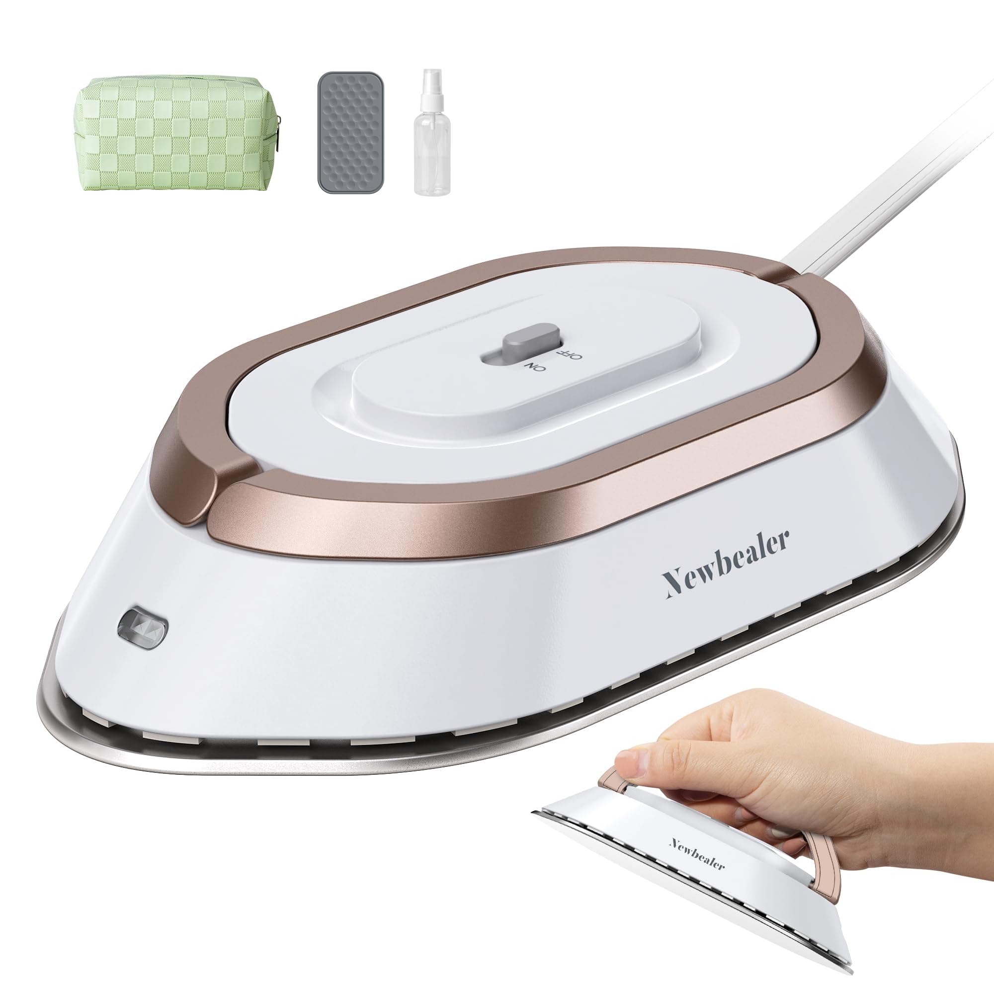 Newbealer Mini Reisebügeleisen mit Universalspannung 100-240V, Kompaktes Bügeleisen für Kleidung (kein Dampf), Keramikfläche, 150 °C Heißpress mit Sprühflasche, Beutel und Silikonständer, Gold