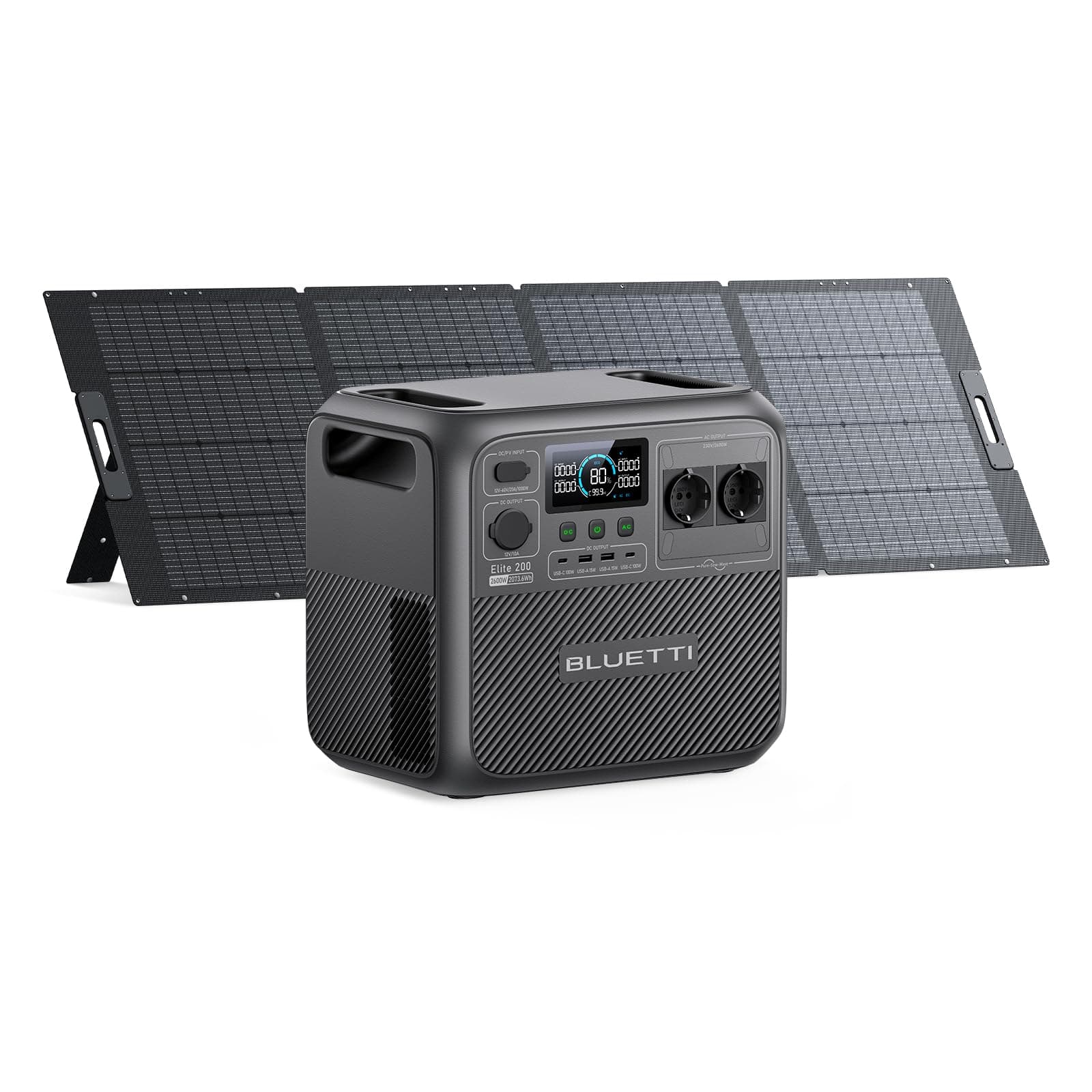 BLUETTI Elite 200 V2 Generador Solar con 350W Panel Solar (Enviar por Separado), 2073,6Wh Estación con 2 Tomas de CA 2600W,17 Años de Vida LiFePO4 para Acampadas, Fuera de Red, Cortes