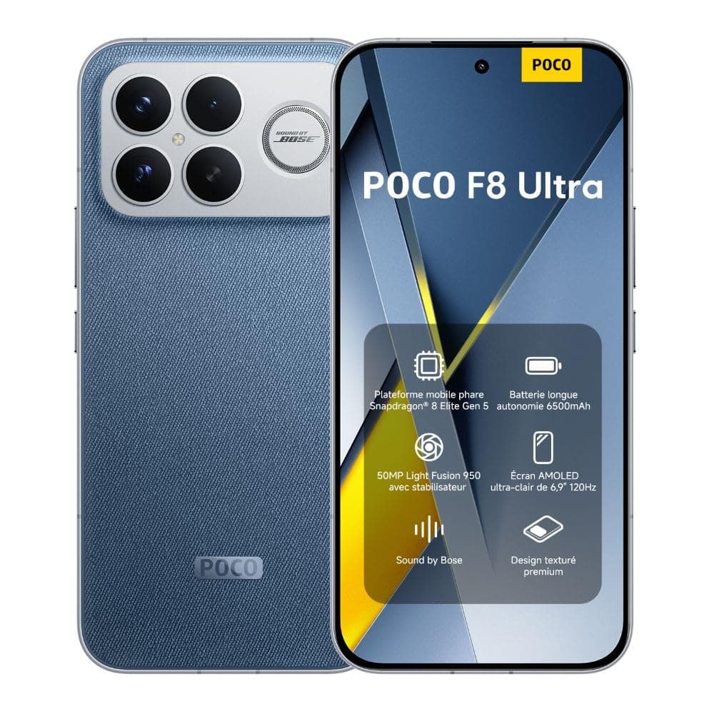 XIAOMI POCO F8 Ultra, Smartphone 12+256 Go, écran AMOLED 6,9" 120 Hz, Appareil Photo 50 MP Light Fusion 950 avec OIS, Son signé Bose, Batterie 6500 mAh, Bleu, Garantie 2 Ans, Chargeur Non Inclus.