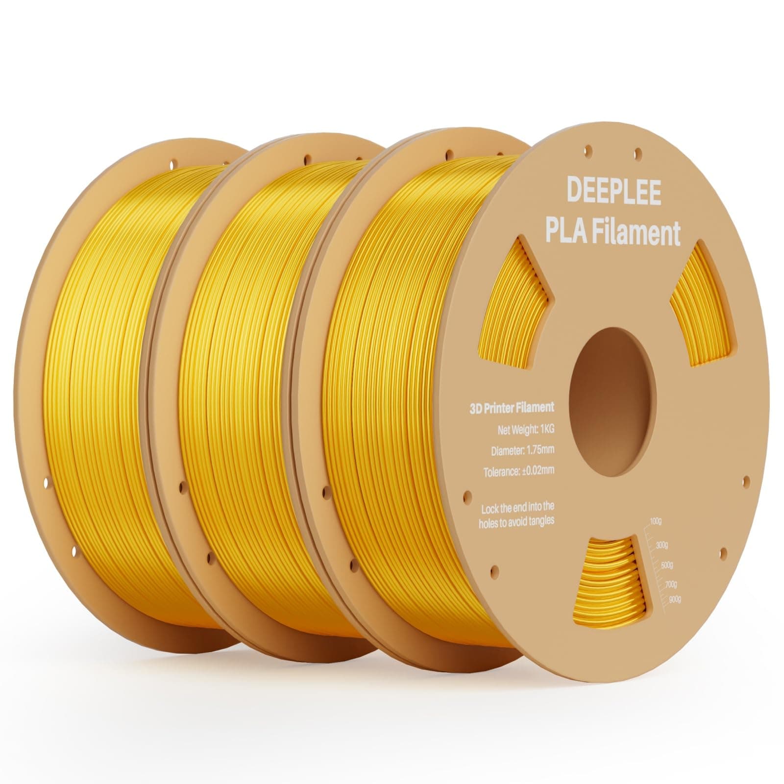 DEEPLEE Silk PLA 1.75 mm, Kit 3 Bobinas Dorado (3 x 1 kg). Acabado Brillante Tipo Seda. Alta Precisión ±0.02 mm. Enrollado Perfecto, Sin Atascos. Compatible con Impresoras FDM.