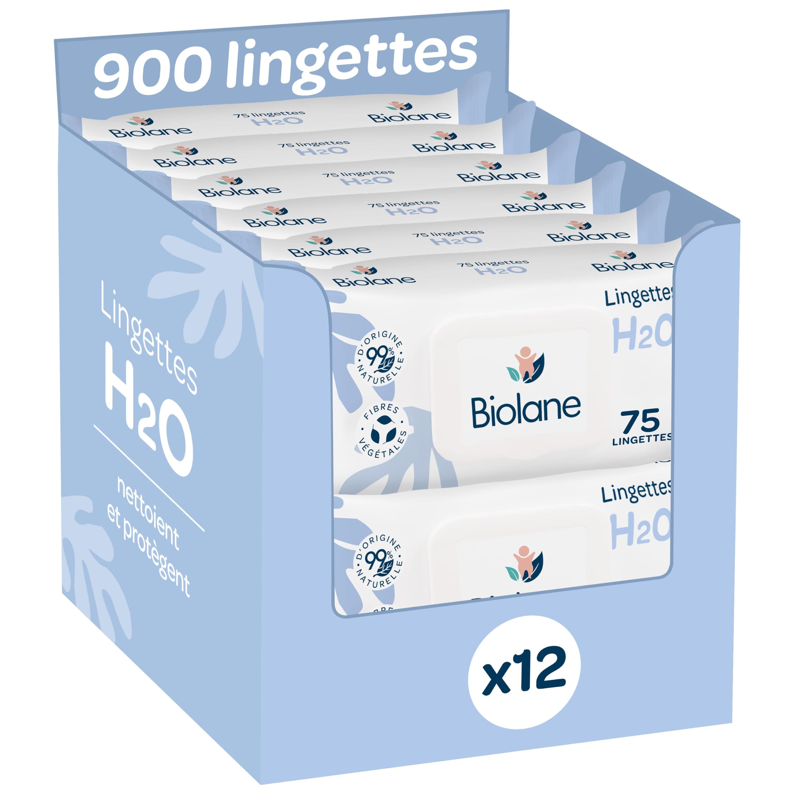 BIOLANE - Lingettes bébé à l'eau - 900 Lingettes - Lot de 12x75 | Nettoyage doux et efficace, Sans Rinçage, Capot refermable, 99% d'Origine Naturelle, Dès la naissance