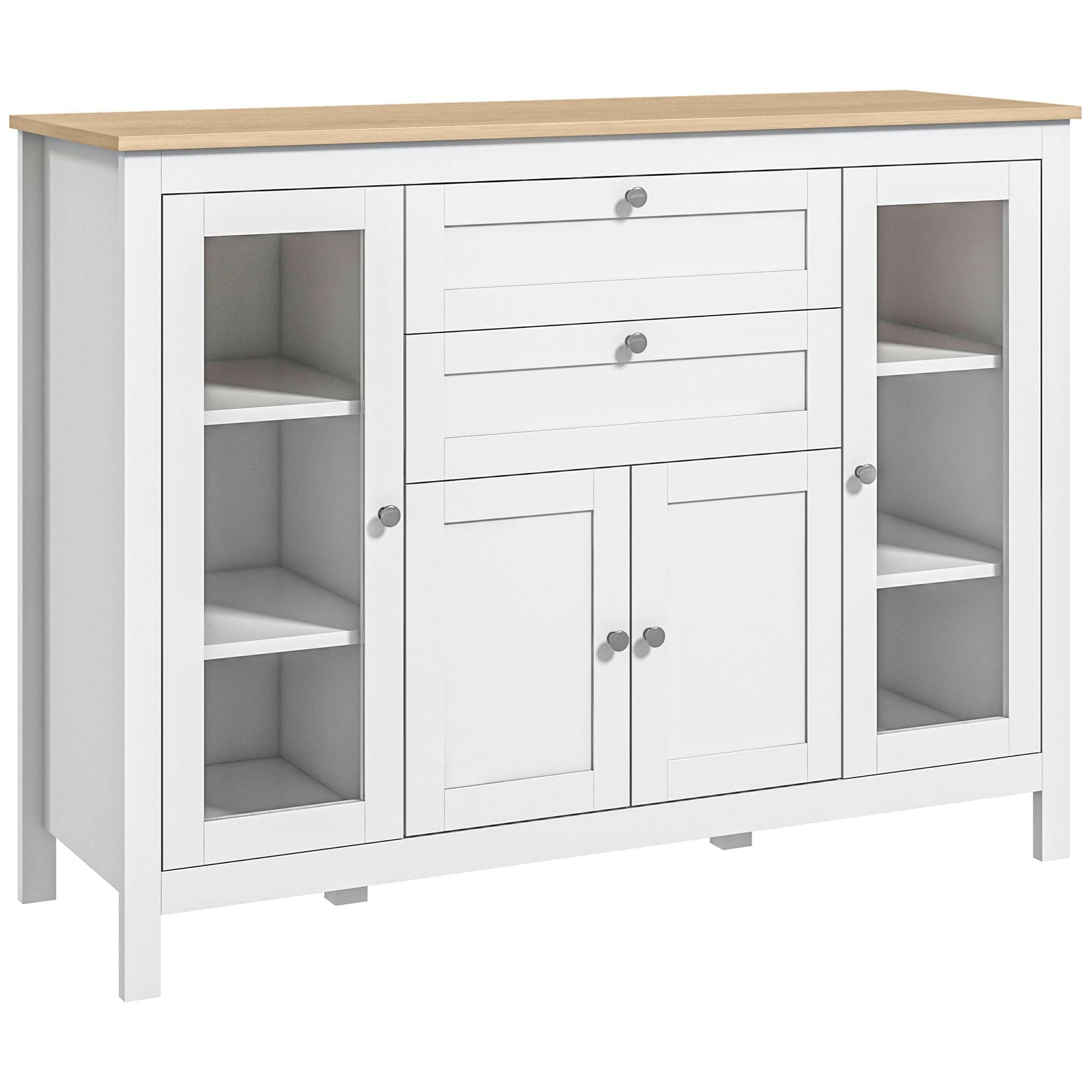 HOMCOM Buffet Salon, Meuble de Rangement avec 1 Placard Double Porte, 2 placards à Porte vitrée, 2 tiroirs et étagère réglable, Style Moderne, Buffet Salle à Manger et Cuisine, 120x40x90cm, Blanc