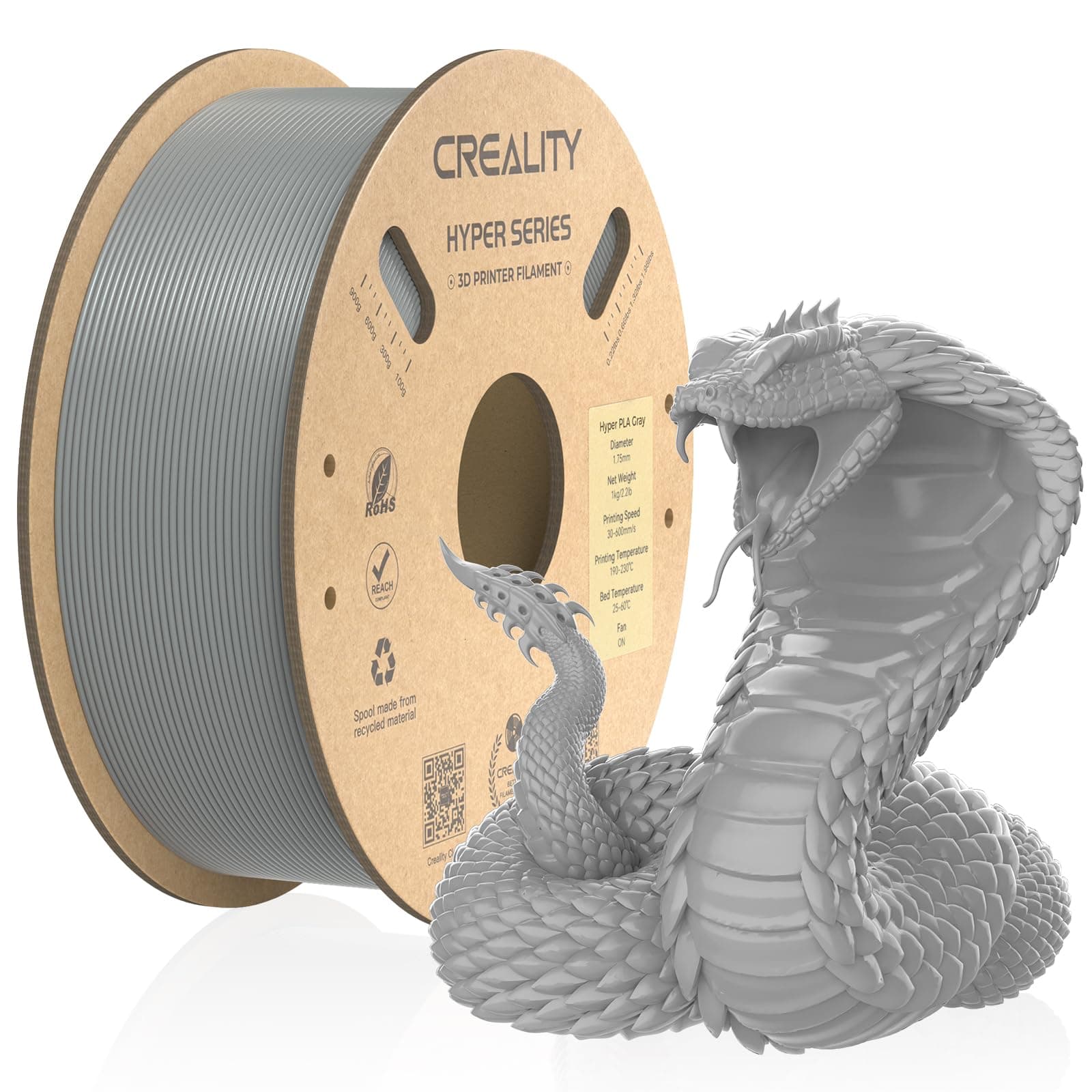 Filamento oficial para impresora 3D Creality, filamento Hyper PLA de alta velocidad, filamento de impresión 3D de 1.75 mm para impresión de alta velocidad, 1 kg/bobina, gris