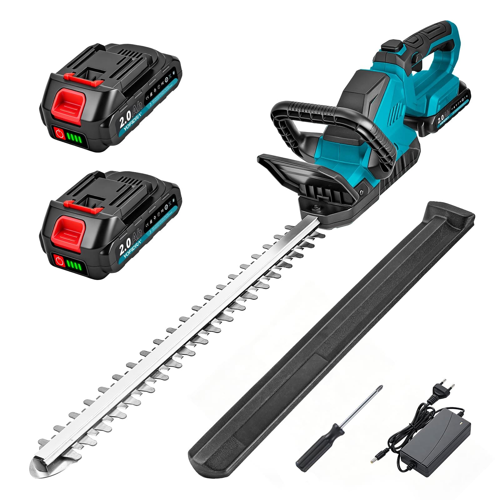 Yofidra Taille Haie sans Fil 50cm, Lames Doubles, Batterie 2x2.0Ah, Écartement des Dents 18mm, Poignée rotative 180°, avec Chargeur et Housse de Protection - Taille haie électrique sur Batterie