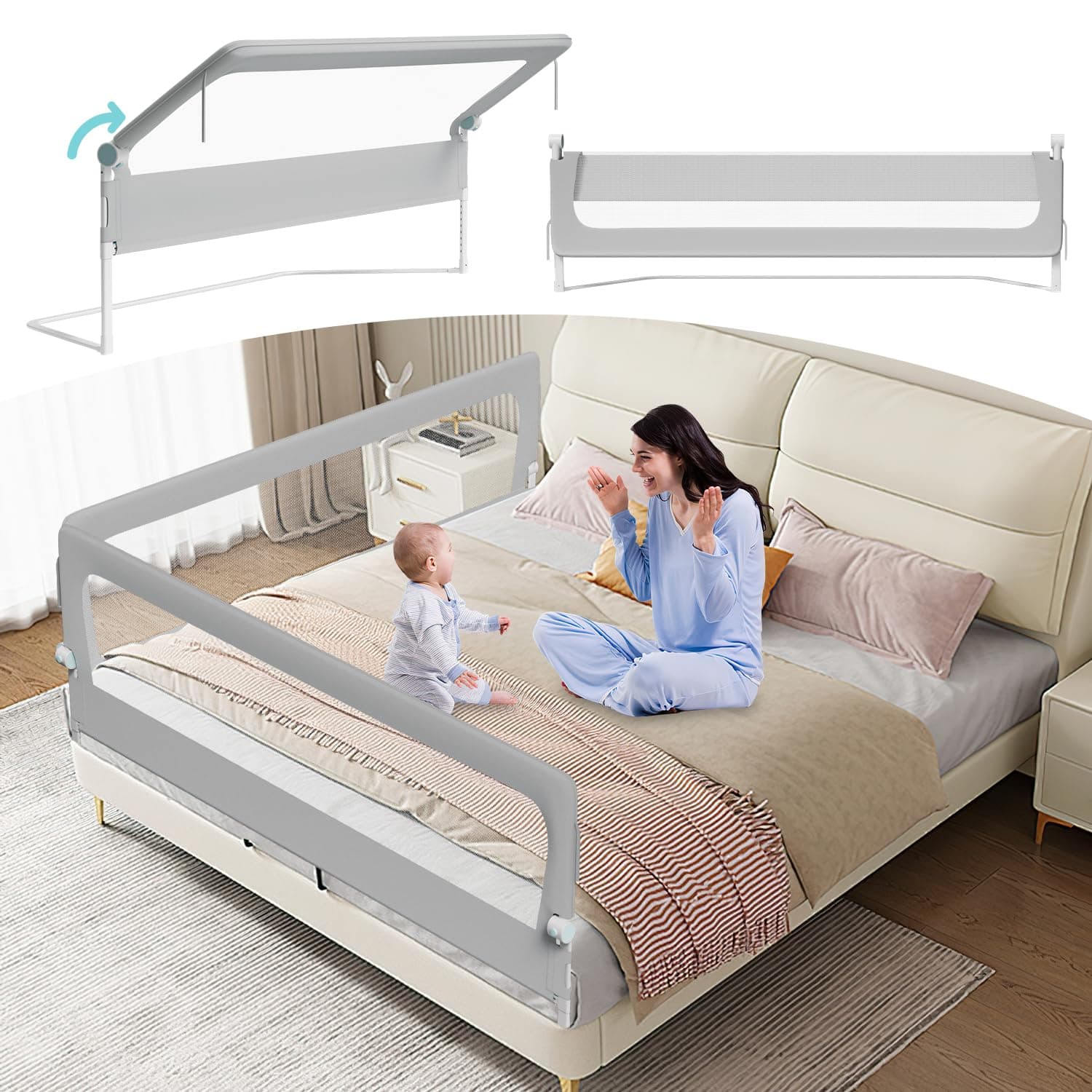 Tubiaz Barrera para cama de 200 cm, protección contra caídas, plegable 180 grados, altura ajustable 72-86 cm, rejilla para cuna con patas trapezoidales y correas de fijación, gris