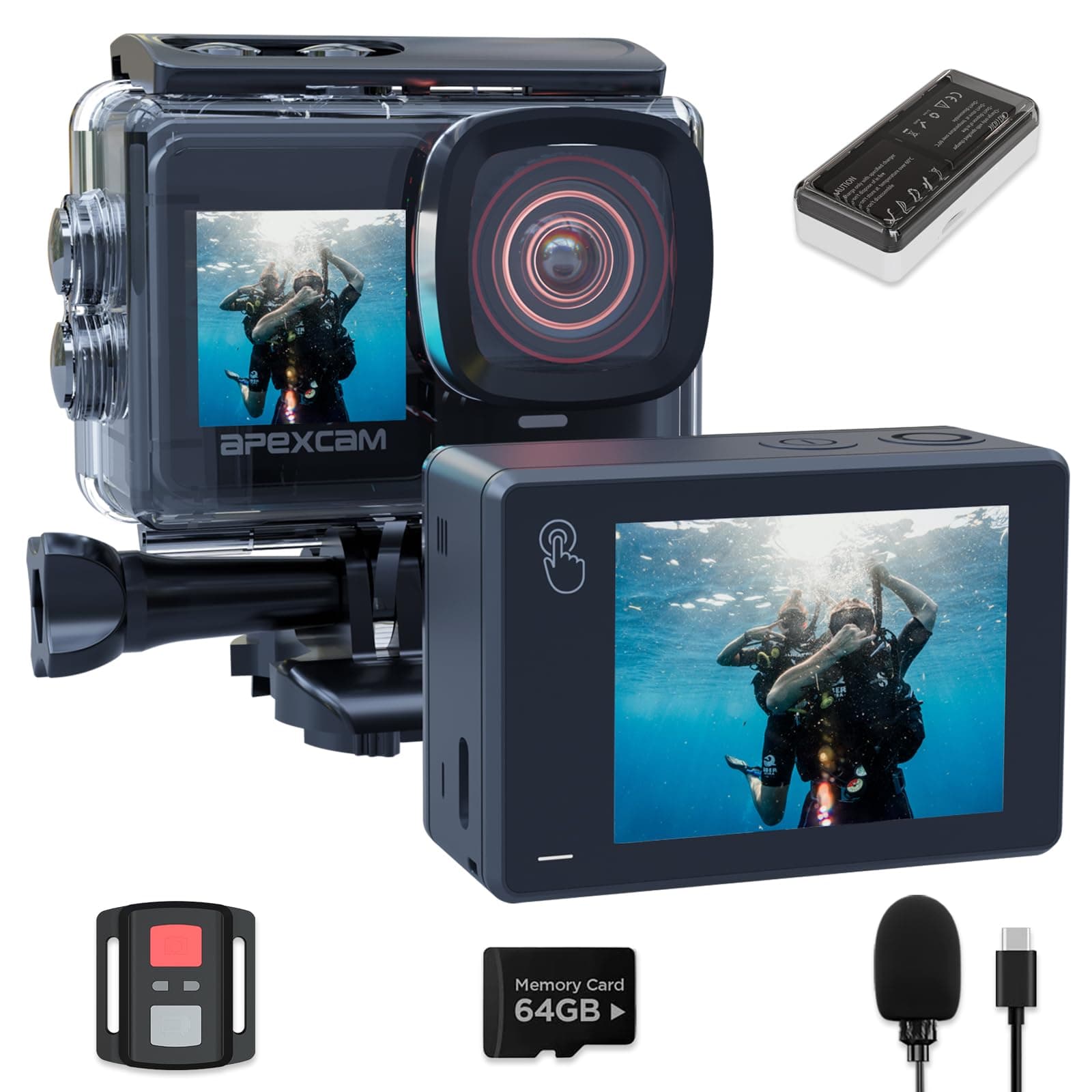 Apexcam Nueva X80pro con EIS cámara Deportiva de Doble Pantalla con 64G Tarjeta 4K60FPS 48MP Ultra HD WiFi cámara de acción cámara subacuática 40m Impermeable 2.4G Control Remoto 2x1350mAh baterías