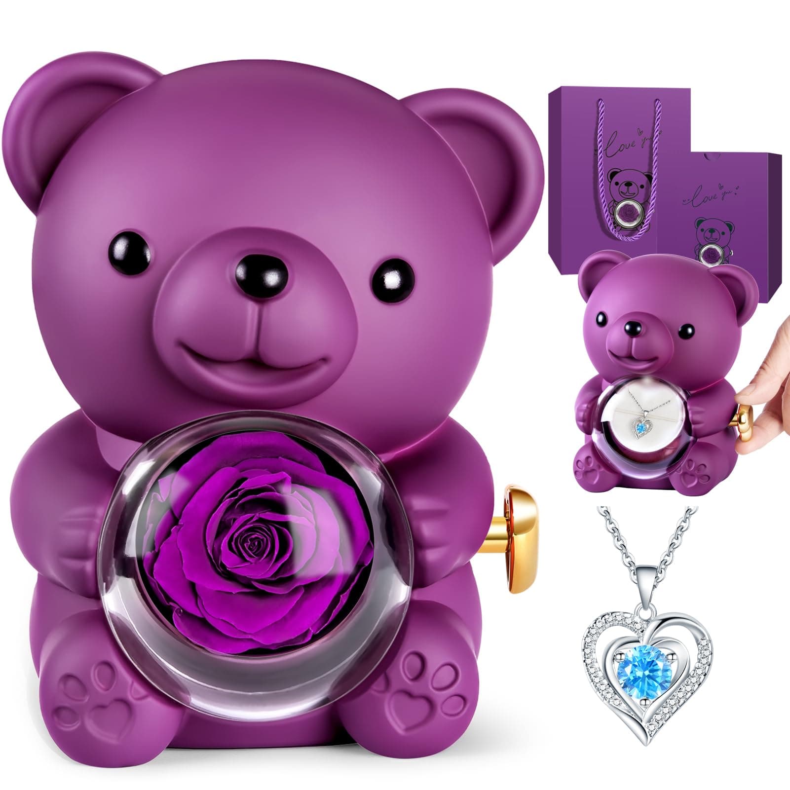 Aloskart Orso Rosa Eterna e Collana a cuore, Regalo San Valentino per lei | Idee Regalo Donna per Compleanno Natale Anniversario, Originali Regalo per Festa della Mamma Fidanzata Moglie, Viola