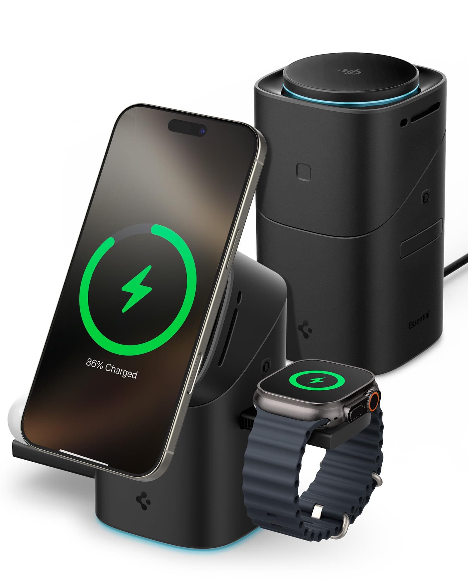 Spigen Essential MagFit Qi2 Caricatore Wireless 3-in-1 15W, Stazione di Ricarica Magnetica con Rotazione Touch per iPhone 17/16/15/14 Pro Max 17e Samsung Galaxy S26 Ultra Plus, AirPods e Apple Watch