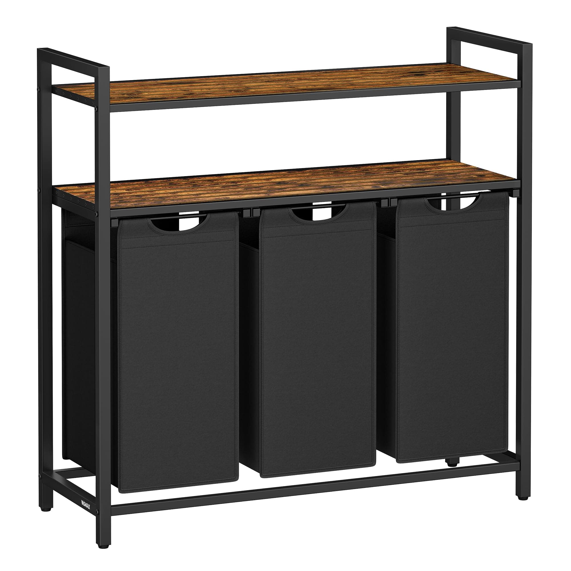VASAGLE Panier à Linge, Corbeille à Linge Sale, Rangement 3 Compartiments, 3 Sacs Amovibles en Tissu Oxford, 2 Étagères, Cadre en Métal, 40L pour Chaque Sac, Marron Rustique et Noir BLH213B01
