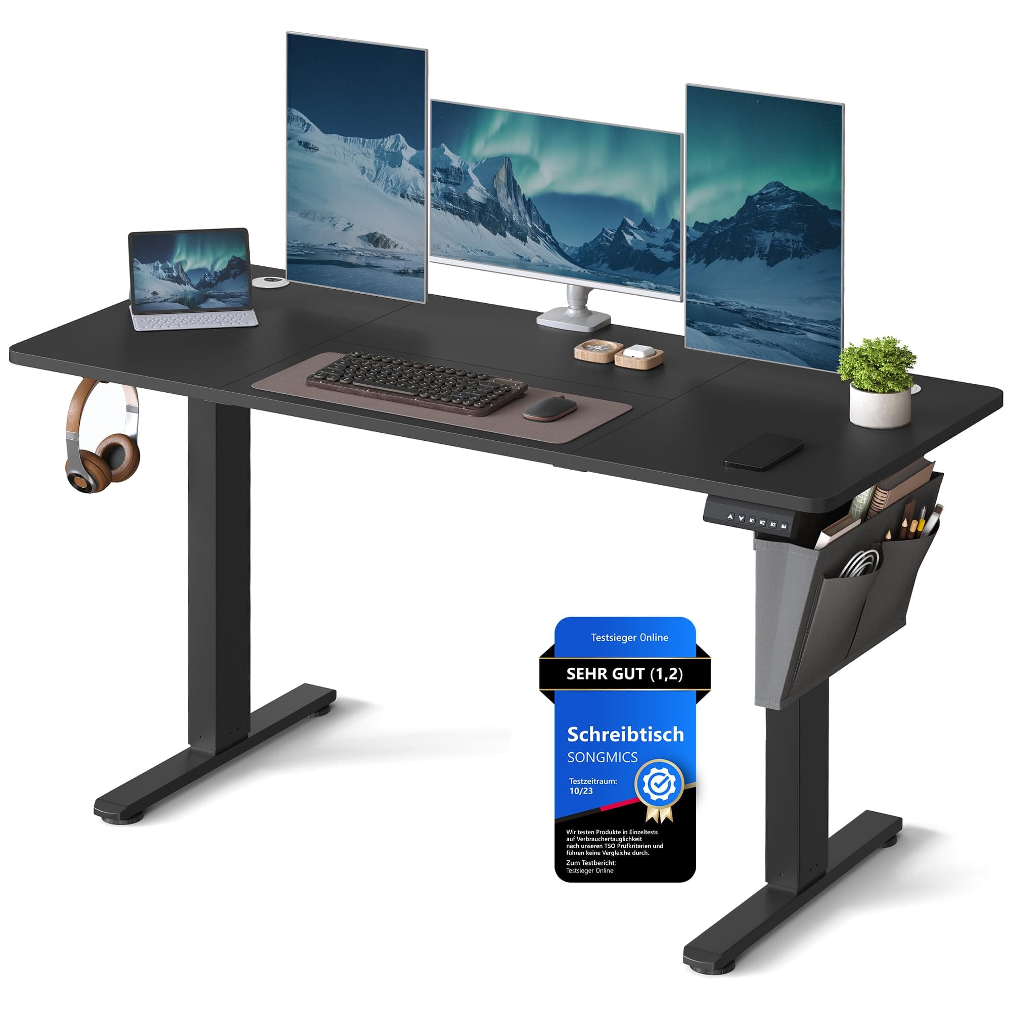 SONGMICS Höhenverstellbarer Schreibtisch elektrisch, 140 x 60 cm, stufenlos verstellbar, Memory-Funktion mit 4 Höhen, tintenschwarz LSD134B01