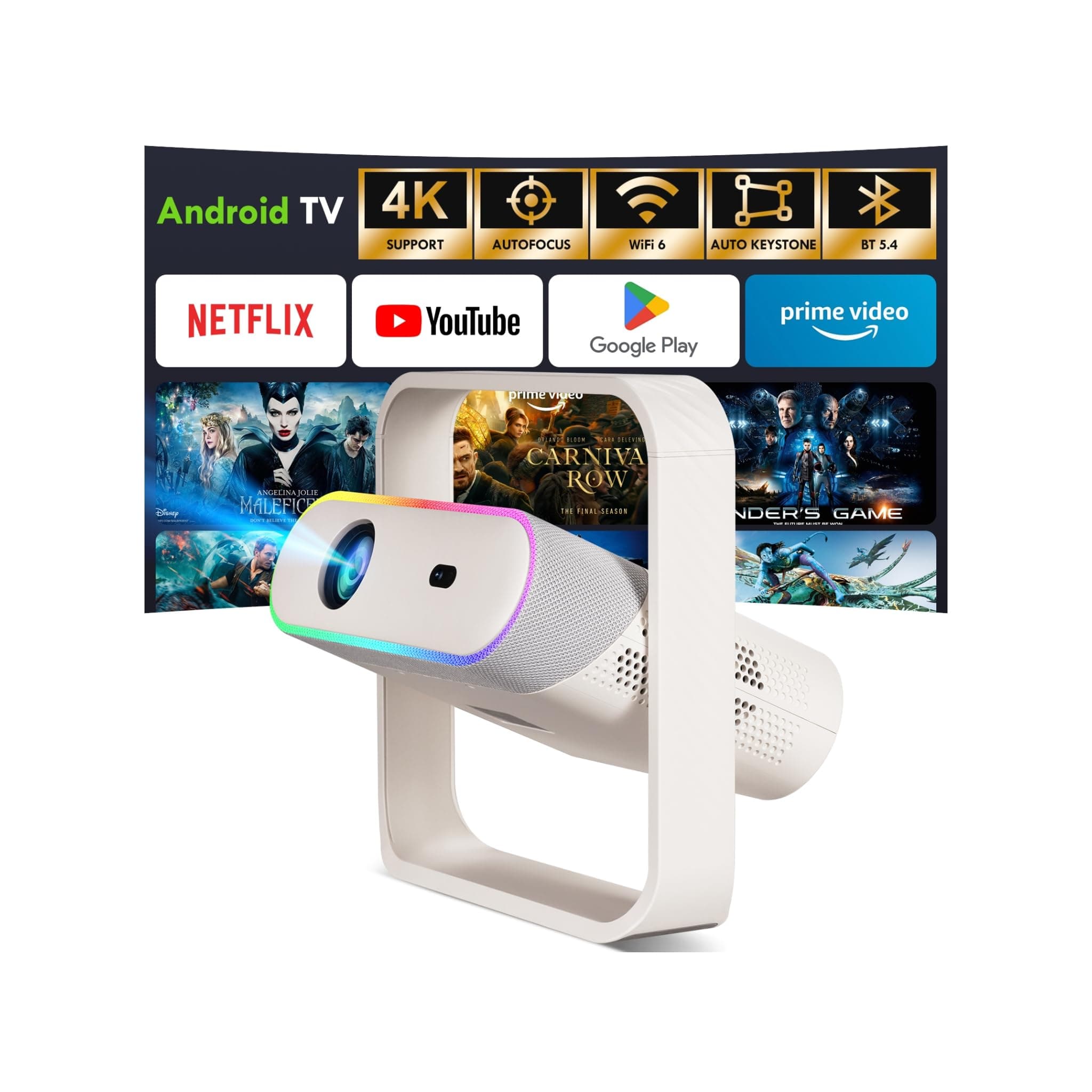 [Apps intégrées] Vidéoprojecteur 4K,SEPYMP Portable Projecteur,380ANSI, WiFi6 & BT5.4,Mise au Point Correction Trapézoïdale Automatique,avec lumière d'ambiance,Compatible HDMI/USB/TV Stick/PS5/Laptop