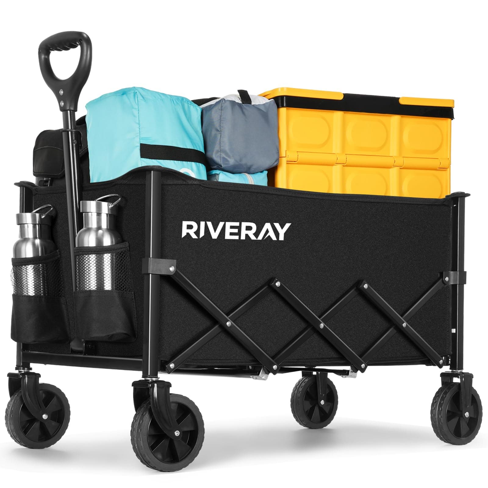 RIVERAY Chariot de Transport Pliable 120L, Montage sans Outil, Chariot Pliable de Jardin et Camping, 4 Roues Tout Terrain Détachables, Poignée Télescopique, pour Plage Jardinage Festival, Noir