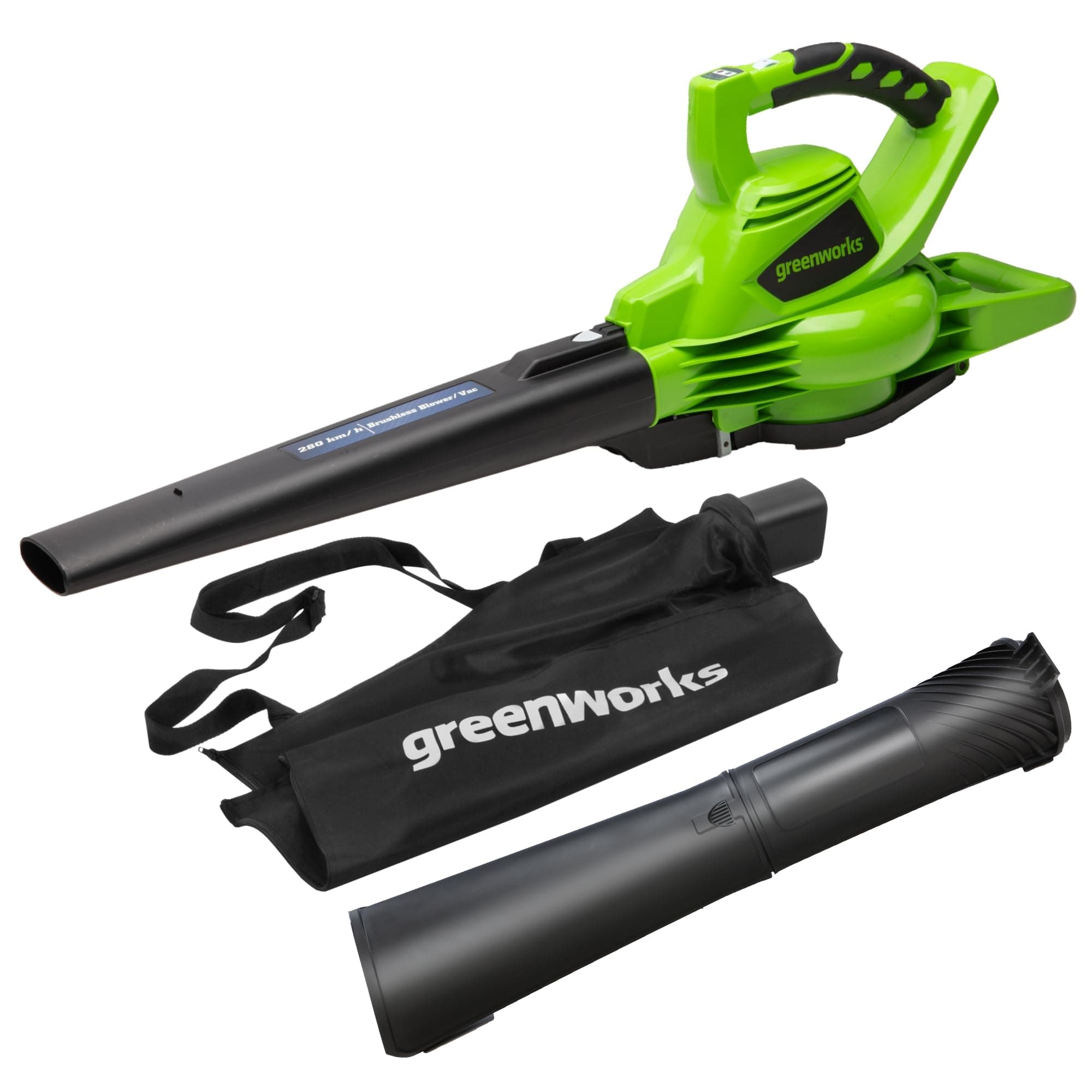 Greenworks 40V Aspiratore Soffiatore a Batteria per Foglie, con Motore Brushless, 280km/h, 9,63m³/min, Sacco di Raccolta da 45L, SENZA Batteria e Caricabatterie, Garanzia 3 Anni GD40BV