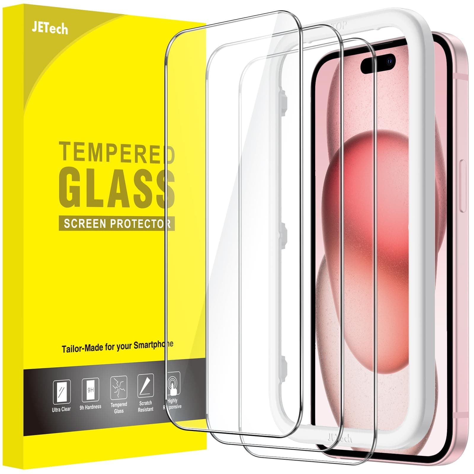 JETech Protector de Pantalla para iPhone 15 6,1 Pulgadas, Cristal Vidrio Templado, con Marco de Instalación Fácil, Amigable para Funda, HD Transparente, 3 Unidades