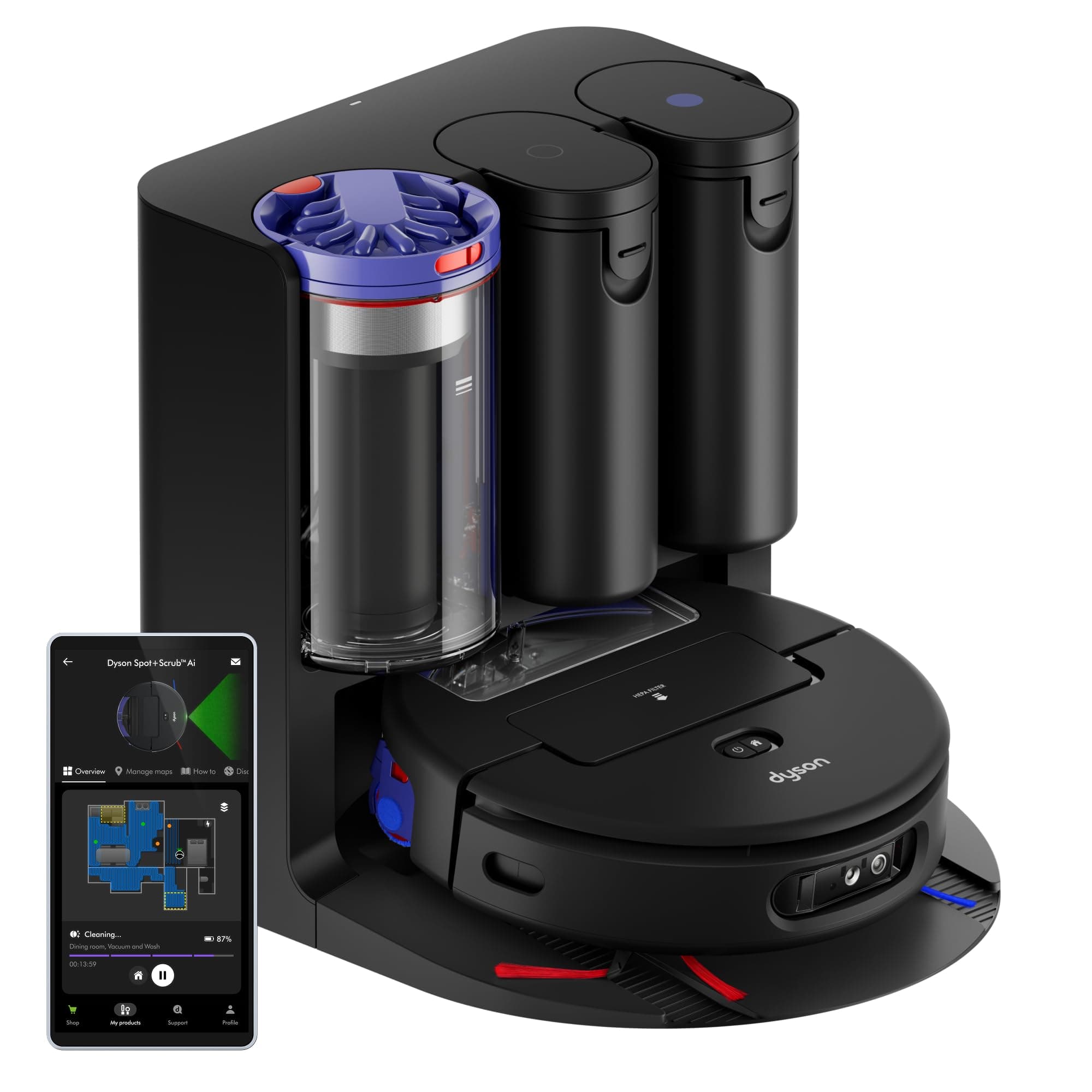 Dyson Spot+Scrub™ AI Robot aspirapolvere e lavapavimenti, 18.000 Pa, 200 min autonomia, auto‑svuotamento, base 3 L, rullo autopulente e filtrazione igienica 0,1 micron (Nero/Blu)