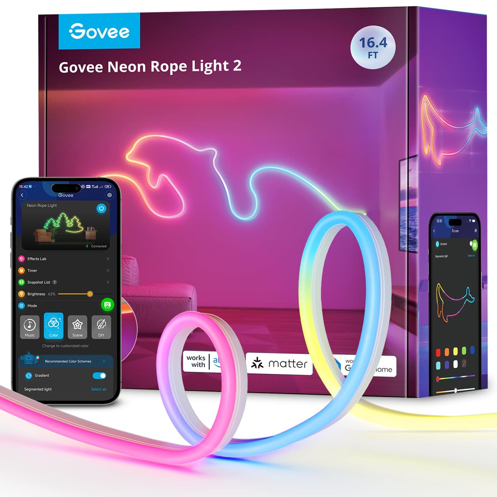 Govee Neon Rope Light 2, RGBIC Neon LED Strip 5m mit Form-Mapping, DIY Design, Kompatibel mit SmartThings, Matter, Alexa und Google Assistant, LED Streifen für Schlafzimmer Wanddekoration, Weiß