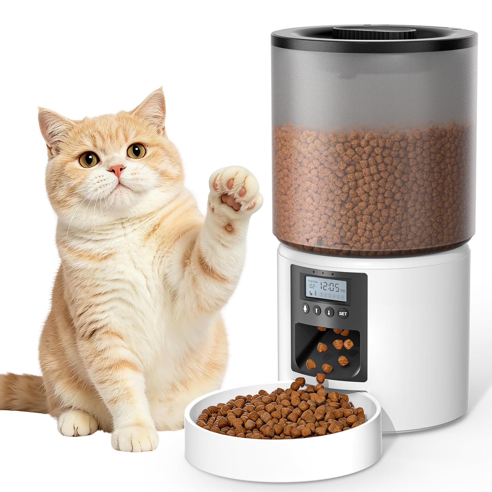 4L Comedero Gato Automatico 1-6 Comidas al Día Dispensador Comida Gatos Perros Inteligente Fuente de Alimentación Dual Grabación de Voz de 10s Blanco para Pequeño/Mediano Mascota | Dispensador Comida Gatos con Porciones Ajustables voz 10s USB/pilas y Tapa Antihumedad para Gatos y Perros Pequeños