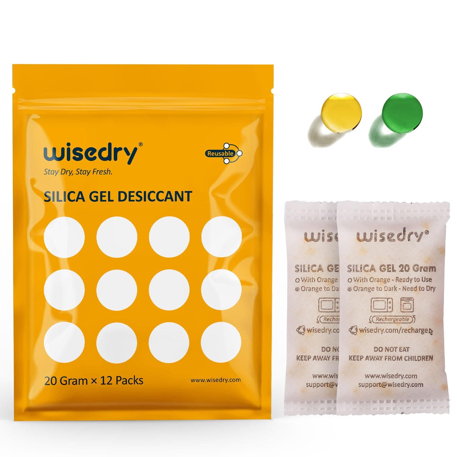 wisedry Confezione da 12 sacchetti di essiccante in gel di silice da 20 g, ricaricabili, di grado alimentare, colore variabile da arancione a verde che indica la necessità di asciugarli