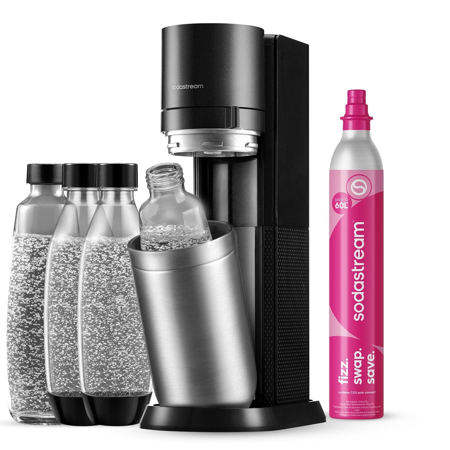 Gasatore d’acqua Duo include cilindro di gas per realizzare fino a 60 L di acqua frizzante, 2 bottiglie da 1 L in plastica, 2 bottiglie in vetro da 1 L, riduce i rifiuti di plastica, colore nero