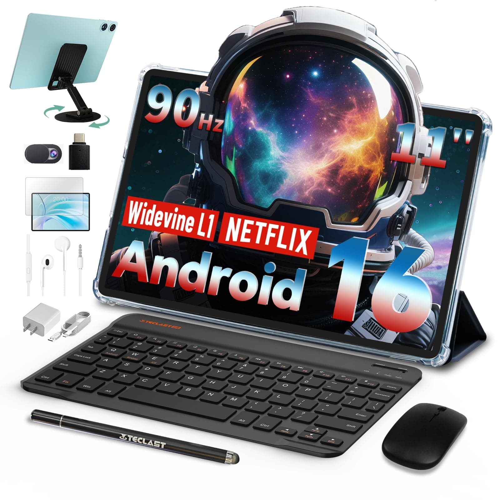TECLAST P50 Tablet 11 Pollici 90Hz Tablets Android 16, 2.0GHz Octa-Core, 12GB RAM+128GB ROM/TF 4TB/7000mAh/Widevine L1/GPS/BT5/OTG/Tablet con Tastiera+Custodia+Penna+Auricolari, 10 Accessori