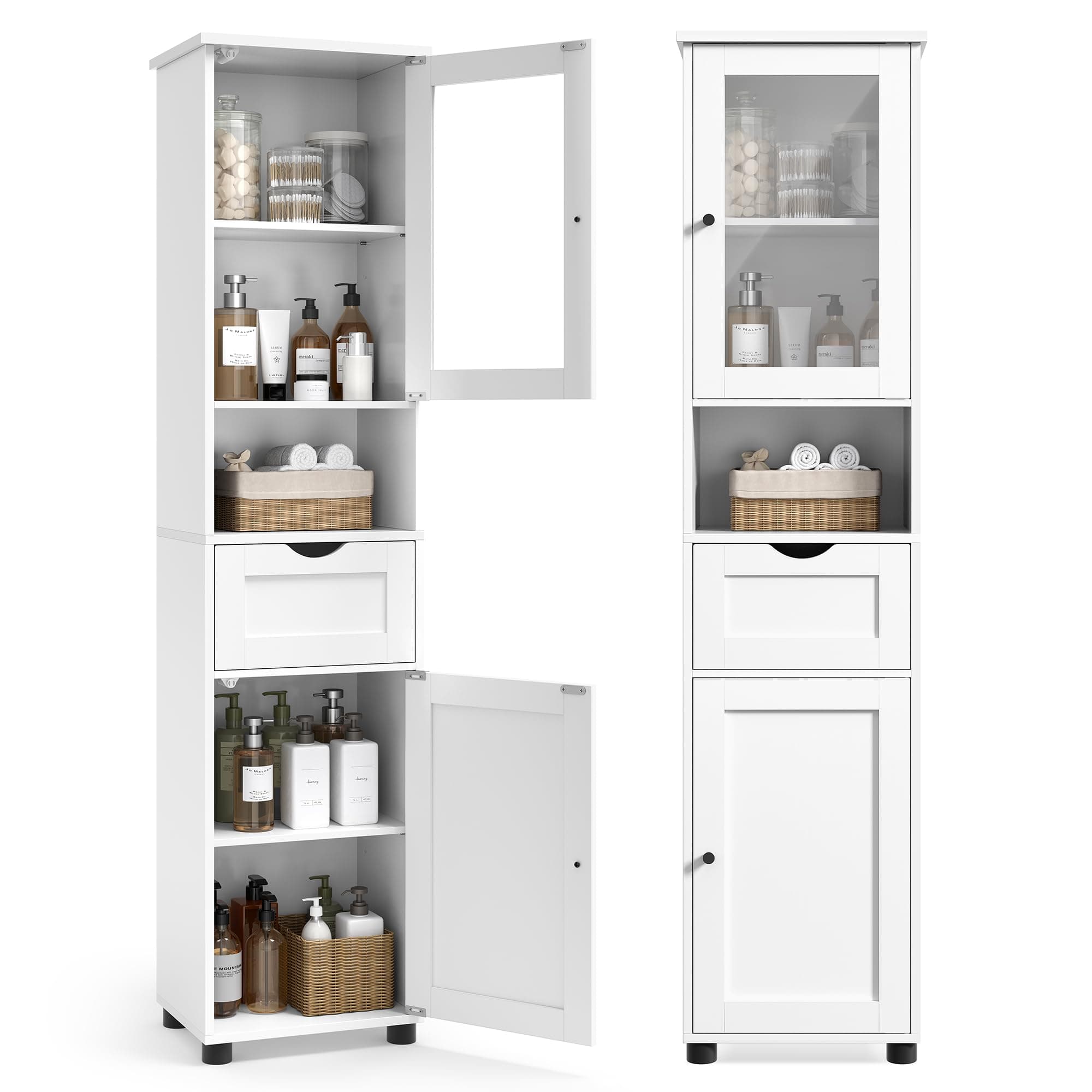 VASAGLE Meuble Salle de Bain, Colonne, Rangement avec Étagères Réglables, Placards à Porte, Tiroir, Compartiment, Gain de Place, Blanc Nuage BBK163W01