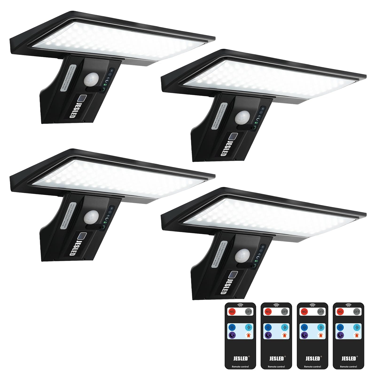 JESLED Lumière solaire extérieure murale 90 LED - Détecteur de mouvement, 3 modes IP65, Batterie remplaçable, 4 Paquet