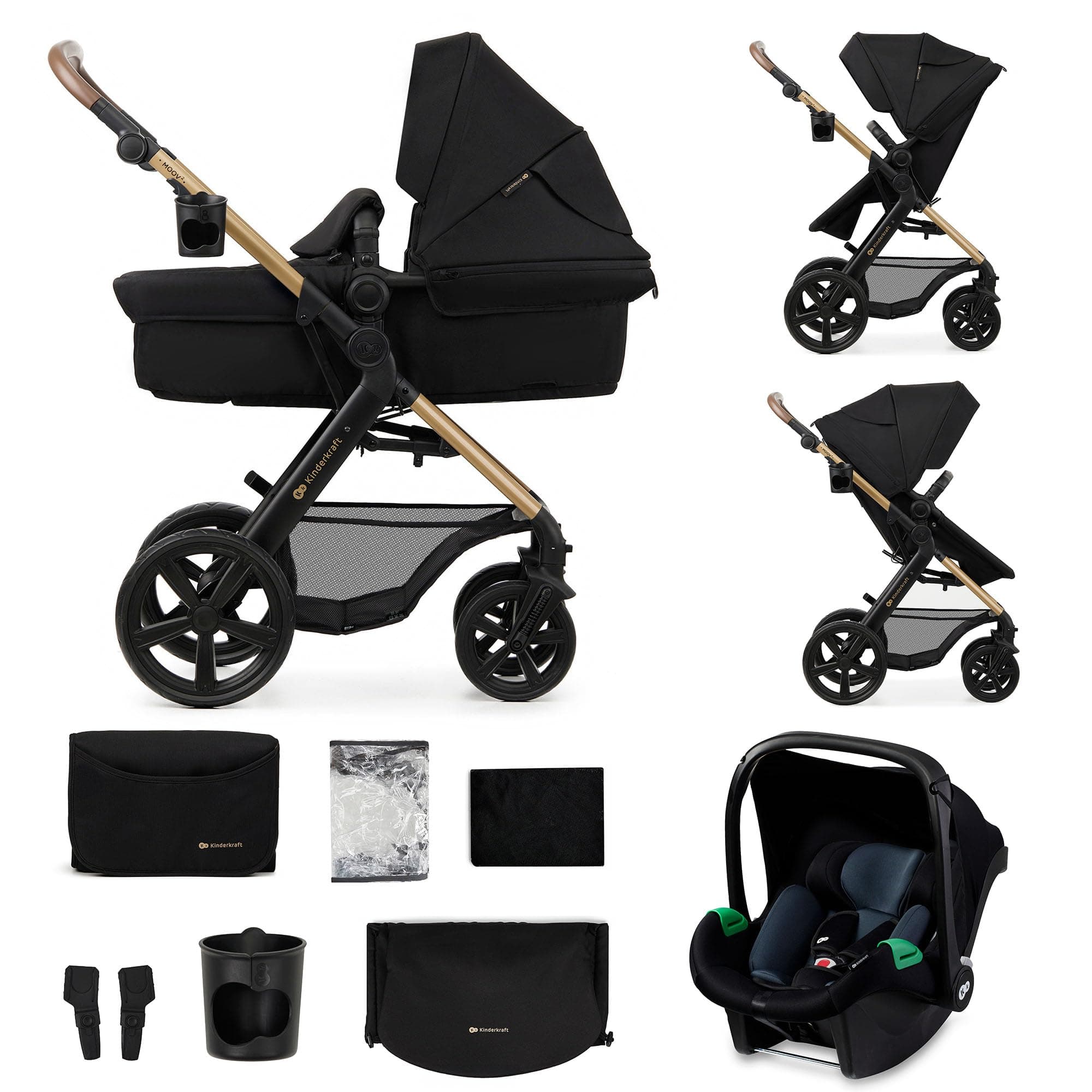 Kinderkraft, MOOV 2, Poussette 3 en 1 Travel System avec nacelle 2-en-1, siège auto i-Size, grandes roues increvables, poussette naissance jusqu’à 22 kg, Noir