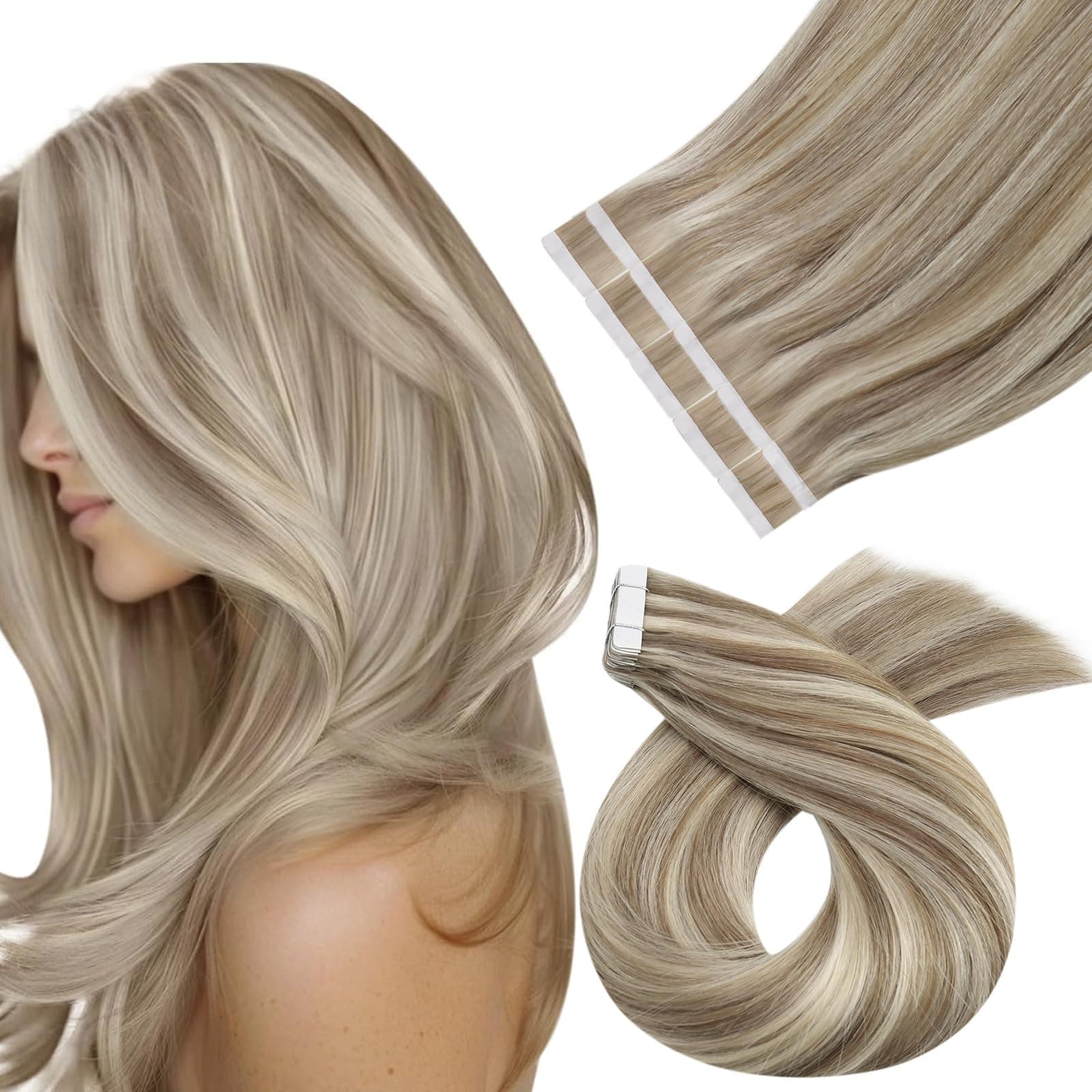 Moresoo Extension Capelli Veri Biadesivo Remy Lisci 55 cm Extension Biadesive Capelli Umani Marrone Chiaro con Biondo Platino 25g 10pcs #P9A/60