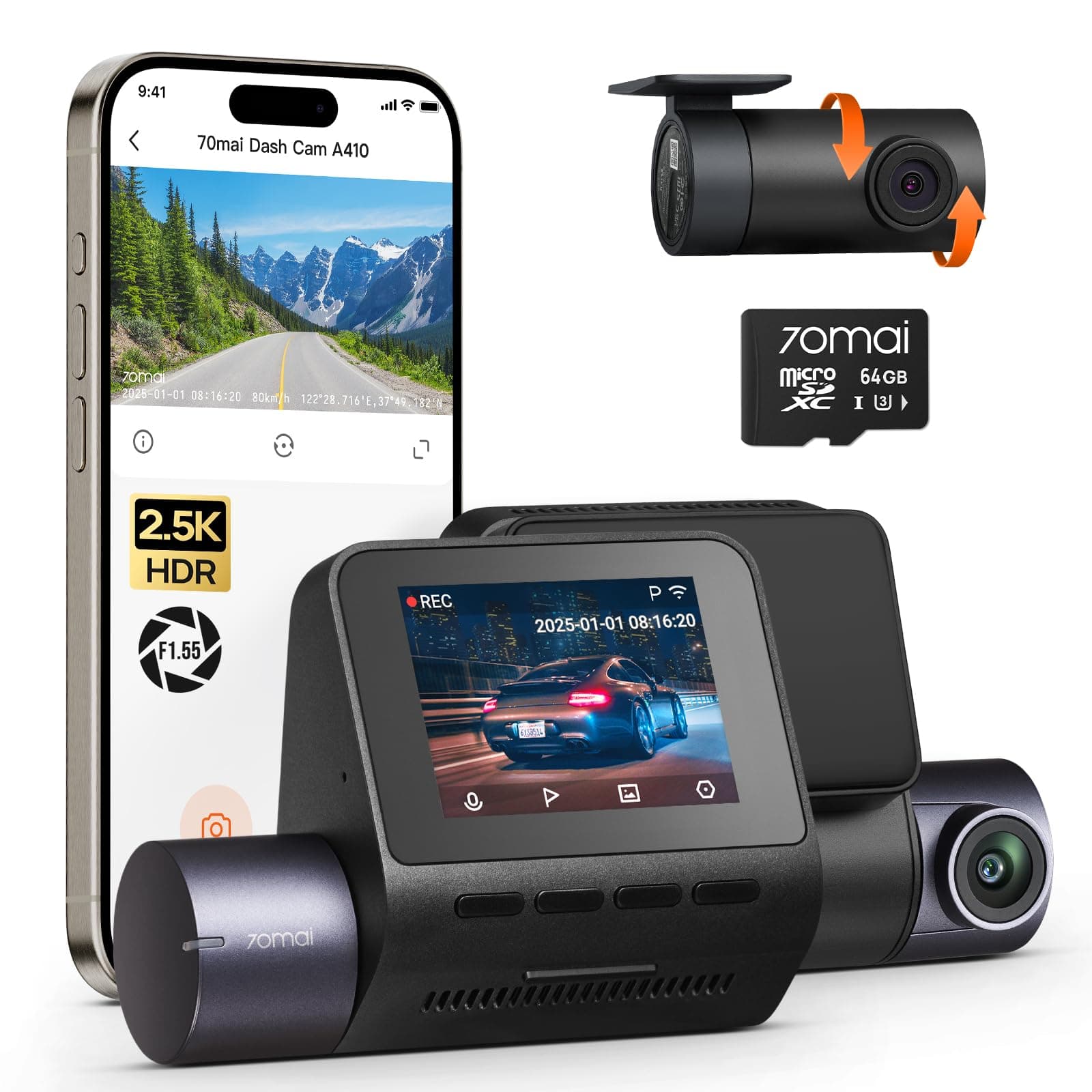 70mai Dash Cam Anteriore e Posteriore A410, Doppia Dashcam 2.5K+1080P HDR, Visione Notturna Super, Apertura F1.55, Modalità Parcheggio 24H, WiFi GPS, G- Sensor, Registrazione in Loop, Include 64GB SD
