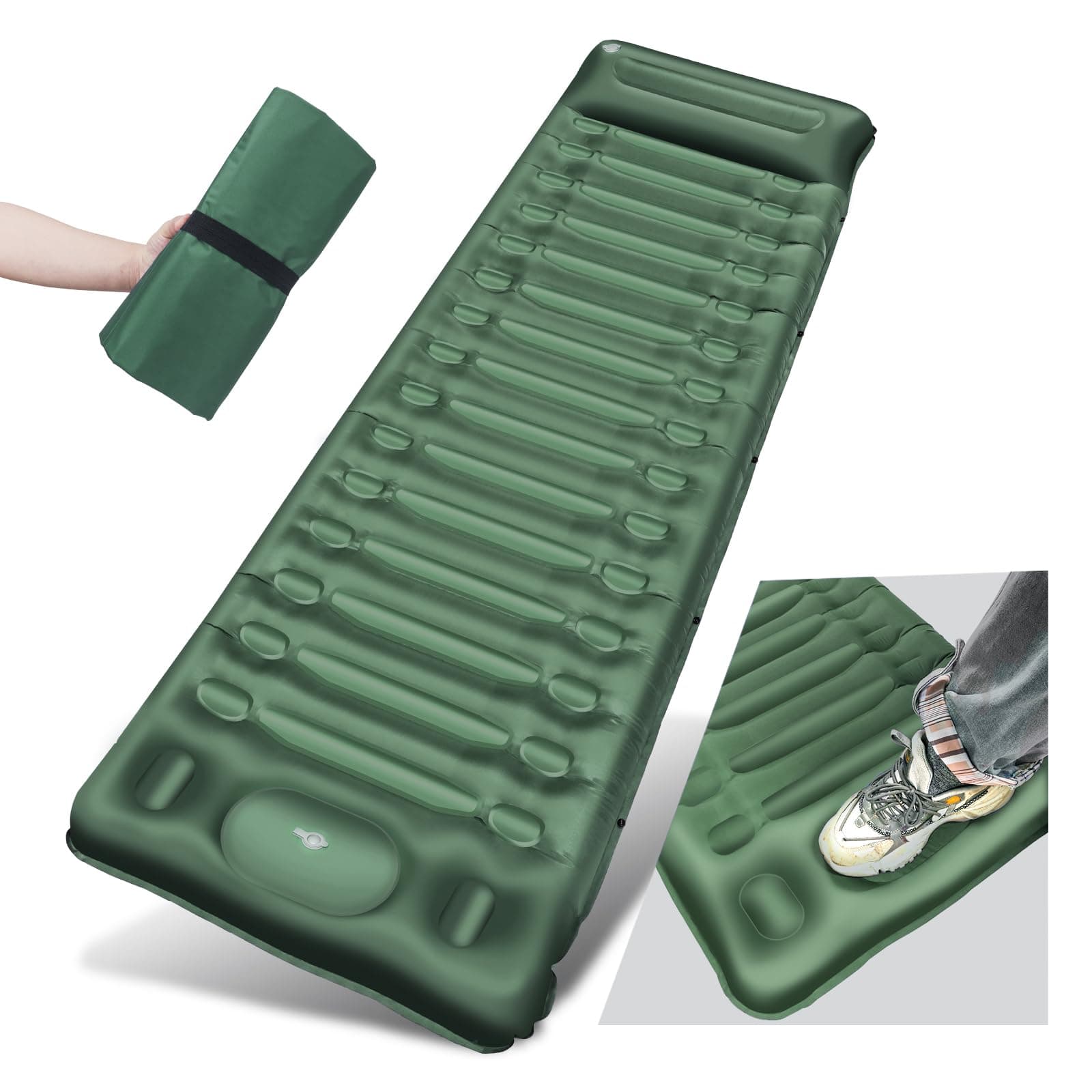 BLUEVER Colchón de Acampada, 14 cm de Grosor autoinflable colchoneta para Dormir al Aire Libre con Bomba de pie, colchón de Aire Impermeable y Duradero para Senderismo, mochilero (Green)