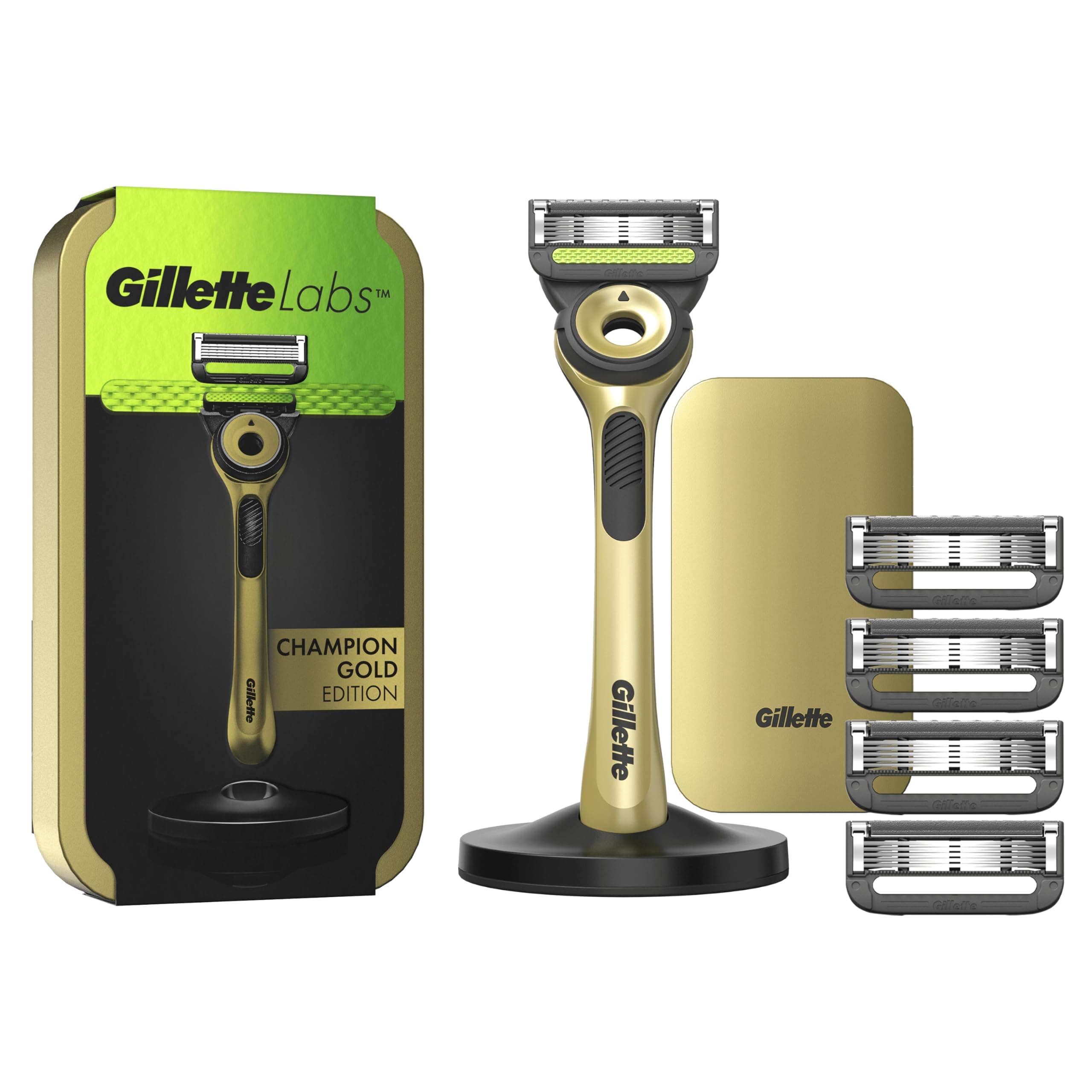 Gillette Labs con Barra Integrata, Rasoio da Uomo, 1 Manico, 5 Lamette di Ricambio, con Base Magnetica, Edizione dei Campioni, Oro, Rasoio Barba, Gillette Labs Lamette di Ricambio