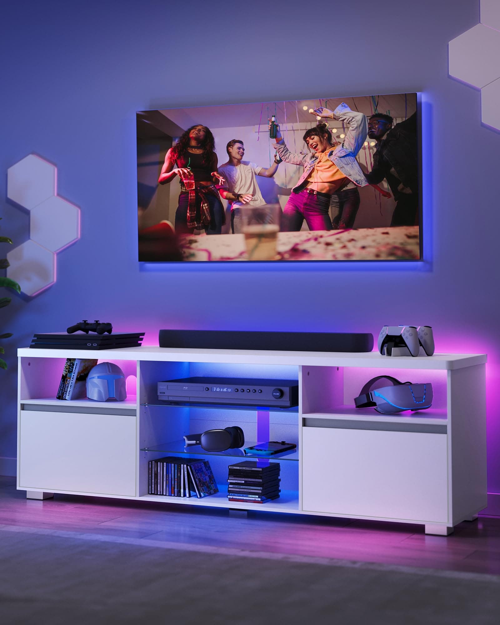 VASAGLE Kailyn Kollektion - TV-Schrank mit LED-Beleuchtung, Fernsehtisch, TV-ständer für Fernseher bis zu 70 Zoll, mit offenen Ablagen, 2 Schränke mit Türen, 160 cm, für Wohnzimmer, weiß LTV331T10