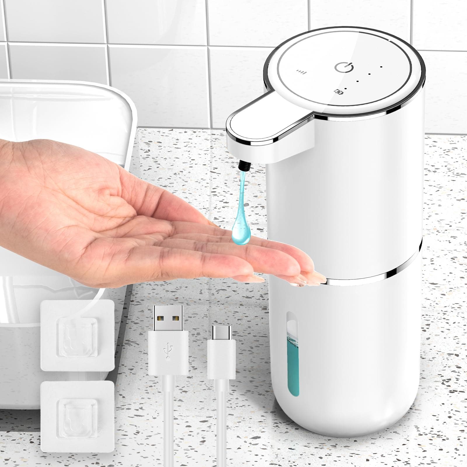 Dispenser Sapone Automatico, 380 ml Dispenser Sapone Bagno con Sensore di Movimento Infrarossi, Parete, Ricaricabile Tramite USB, Impermeabile IPX5, Adatto per Cucina, Bagno