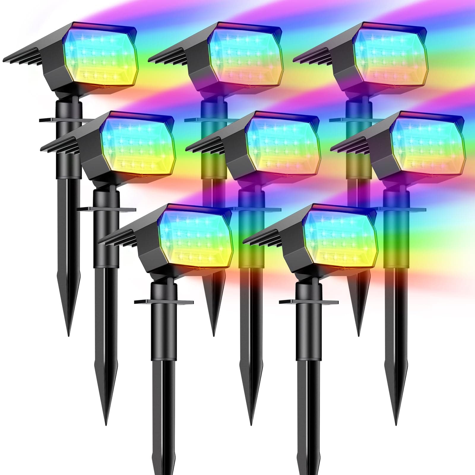 btfarm – Lote de 8 focos solares exteriores, 72 LED lámpara solar impermeable IP65, luz solar con 3 modos de iluminación, ajustable 120° proyector solar exterior para jardín, camino colorido