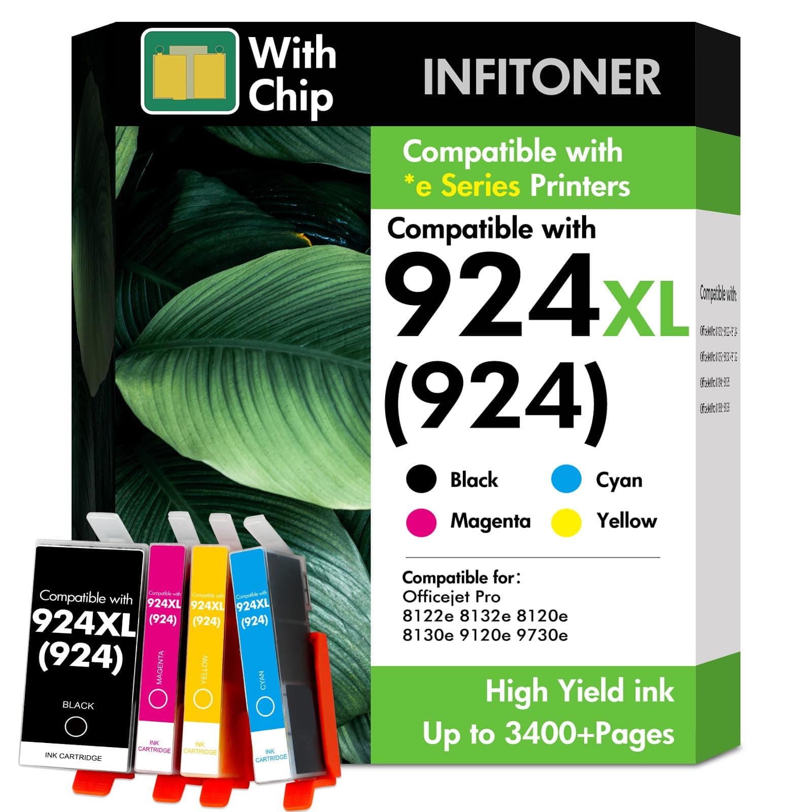 Cartouche 924 XL avec Puce Compatible Cartouches pour HP 924 XL 924XL 924e Encre pour HP OfficeJet Pro 8122e 8132e 8120e 8130e 8124e 8125e 8120 8130 Imprimantes (Noir Cyan Jaune Magenta, Pack de 4)
