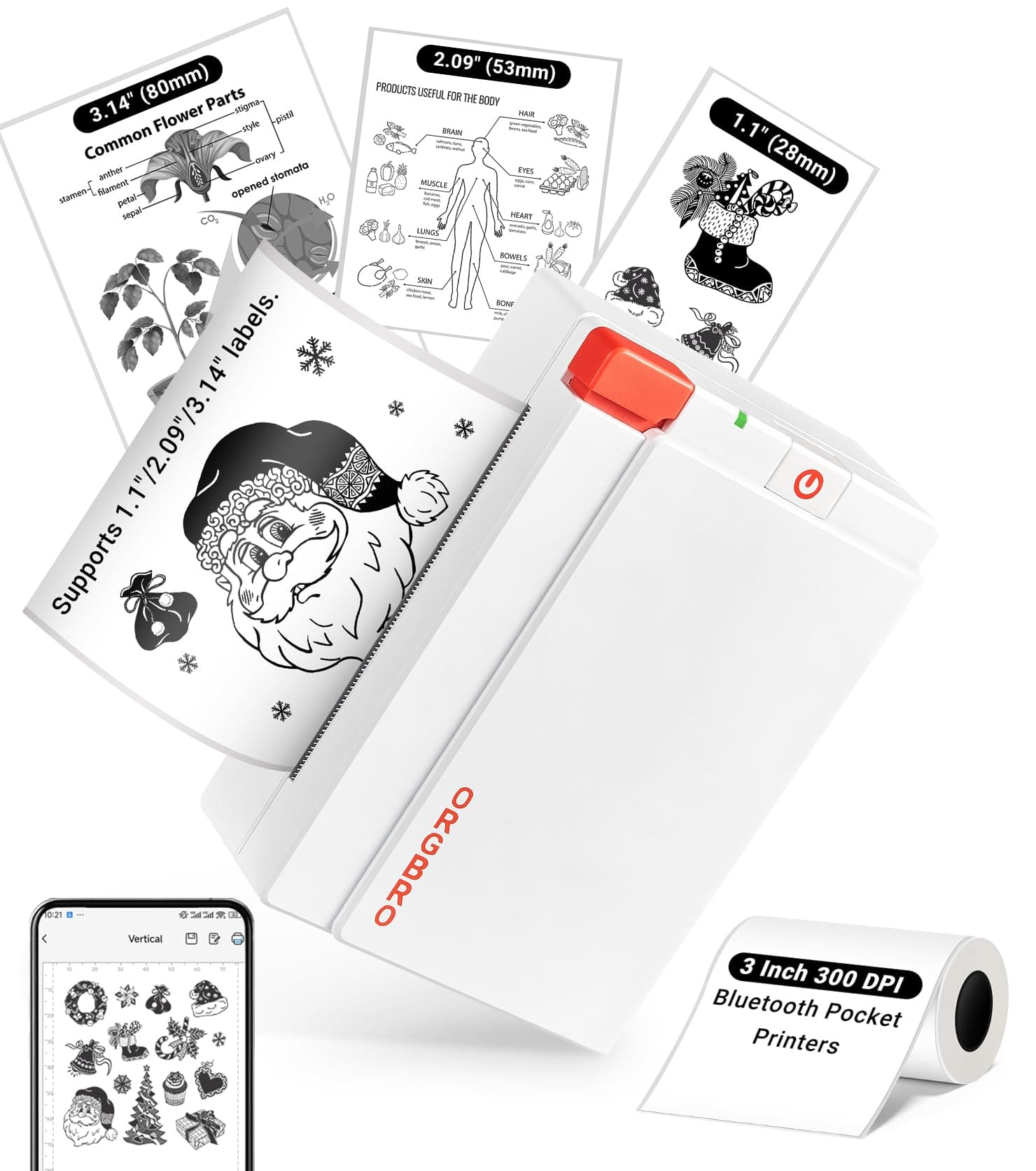 ORGBRO Mini Impresora Termica, X3 Bluetooth Impresora Pegatinas Autoadhesivas Portatil, con 1 Rollo de Papel Térmico, 300DPI Impresora Fotográfica Adecuado para Notas de Estudio, Fotos, Blanco