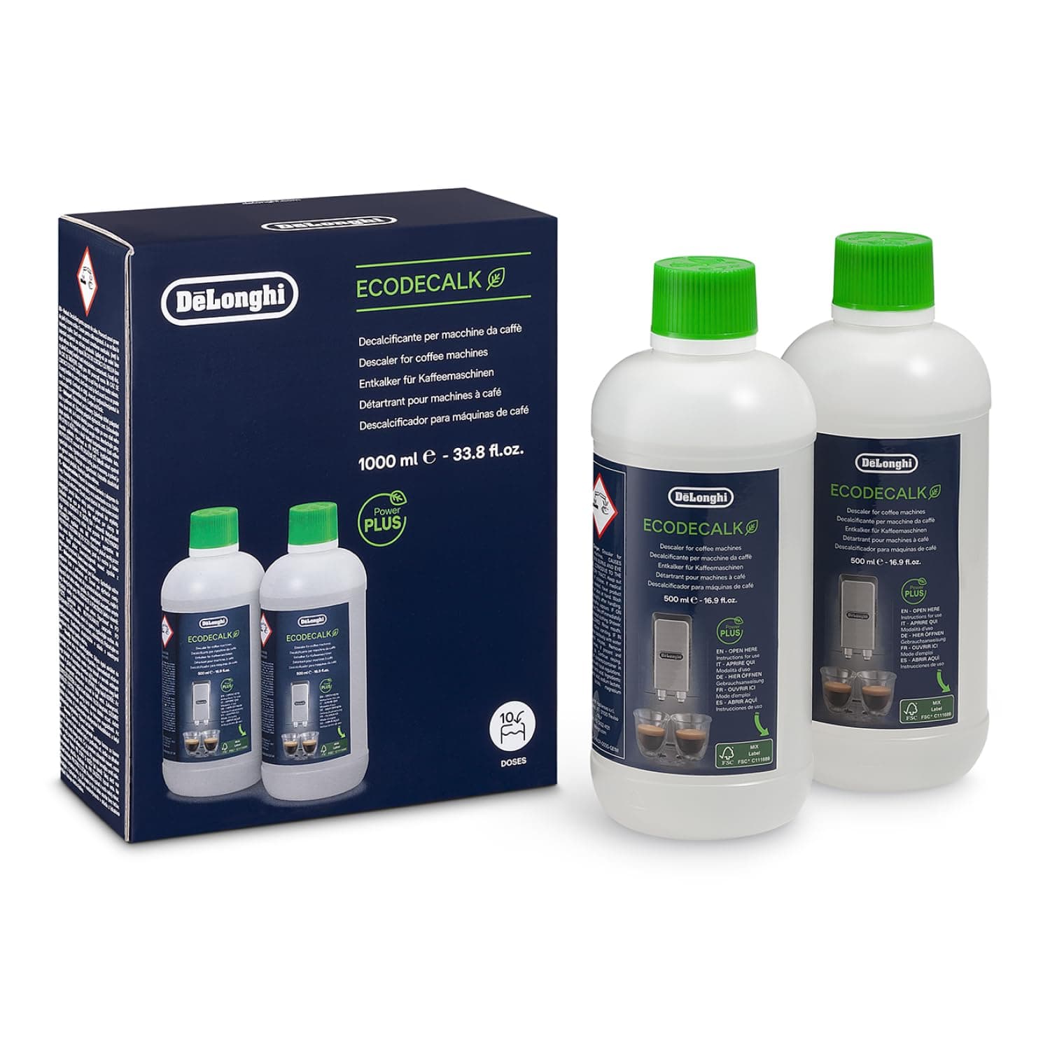 De'Longhi EcoDecalk Decalcificante DLSC502, 10 Dosi di Decalcificazione, Accessorio Manutenzione Macchina da Caffè, Ingredienti di Origine Vegetale, 2 Bottiglie Con 5 Dosi Ciascuna, 2x500ml