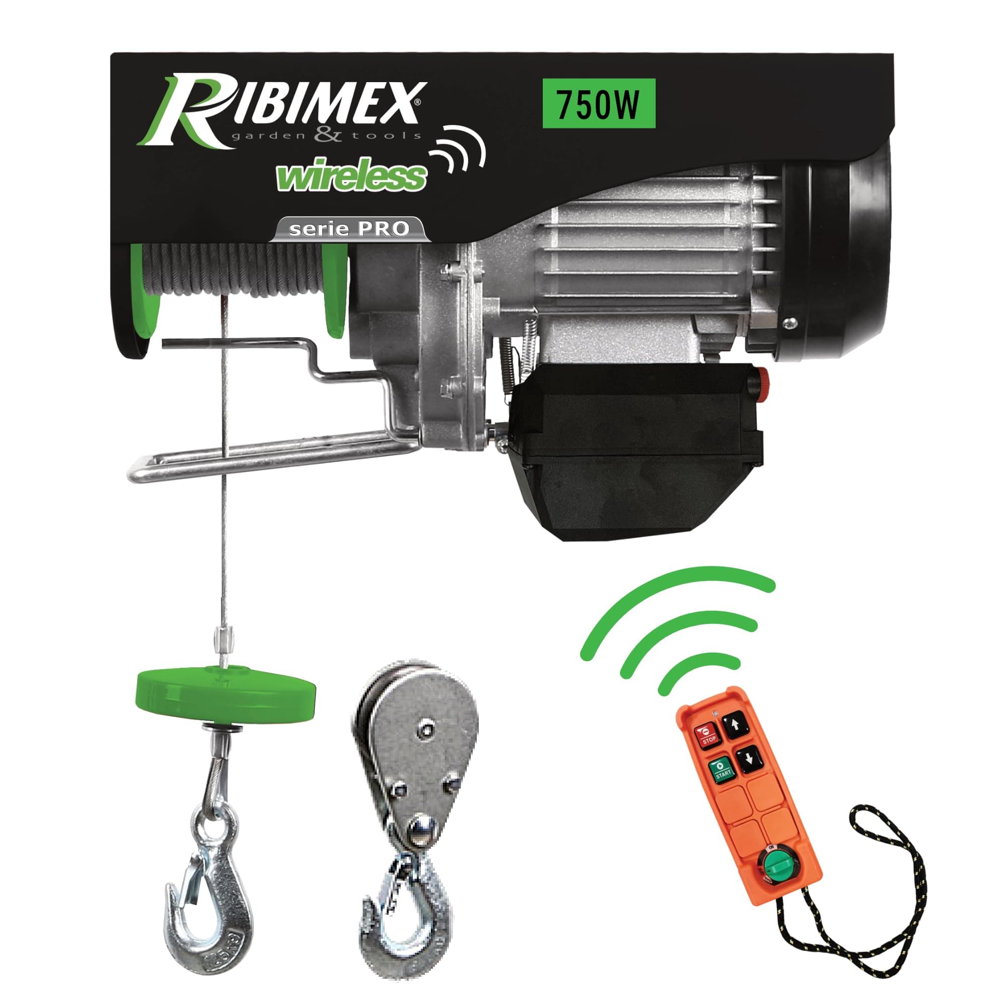 Ribimex Paranco Elettrico Telecomandato da 200/400 Kg con Puleggia e Fune in Acciaio Intrecciato di 18 m, Motore Monofase e Comando Wireless - PE200/400T