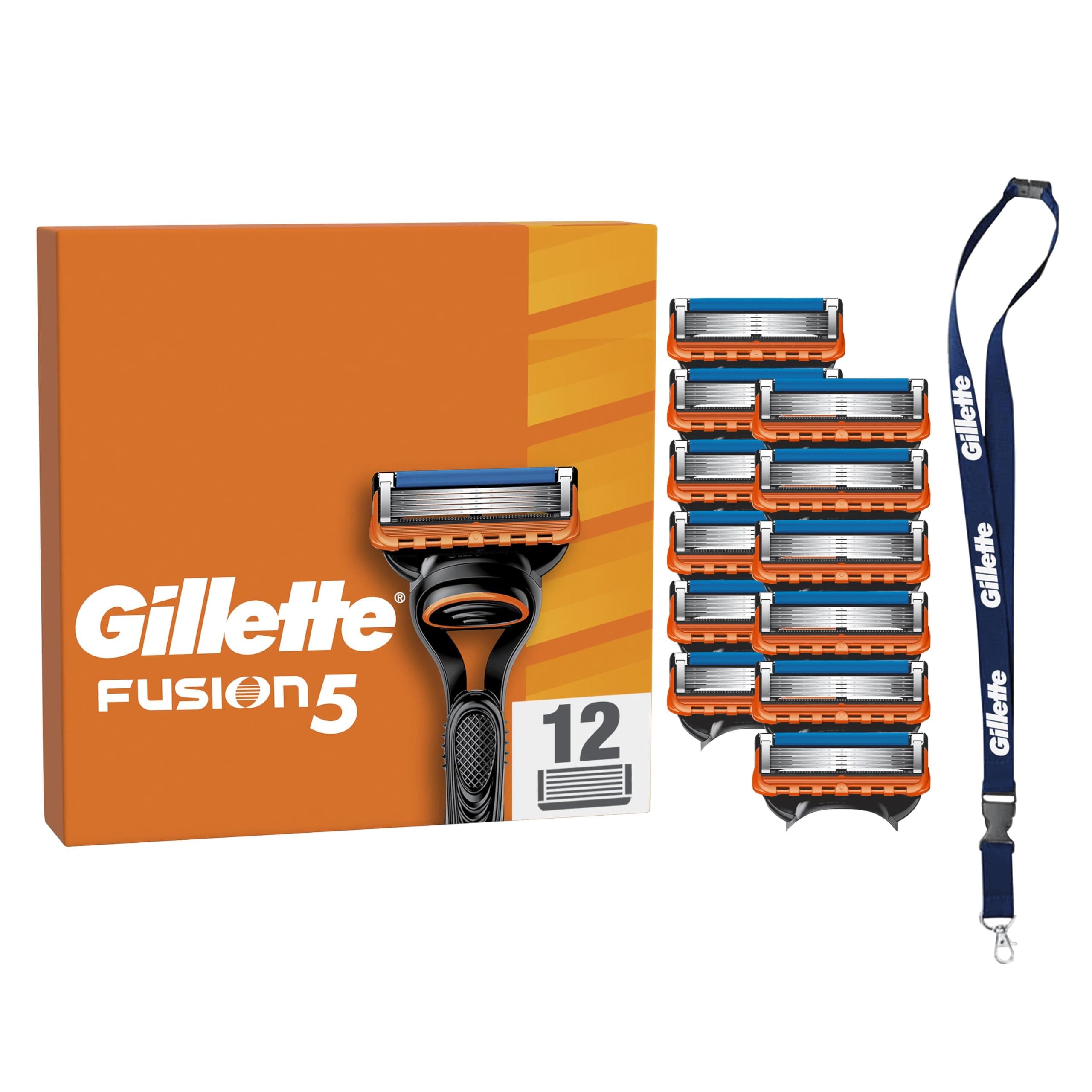 Gillette Recharges de Rasoir Fusion5 pour Hommes, Pack de 12, authentiques, Cartouches avec Bande Lubrifiante Et 5 Lames pour Un Rasage Manuel Efficace, lot de Rechanges Fusion avec Un Porte-Clés