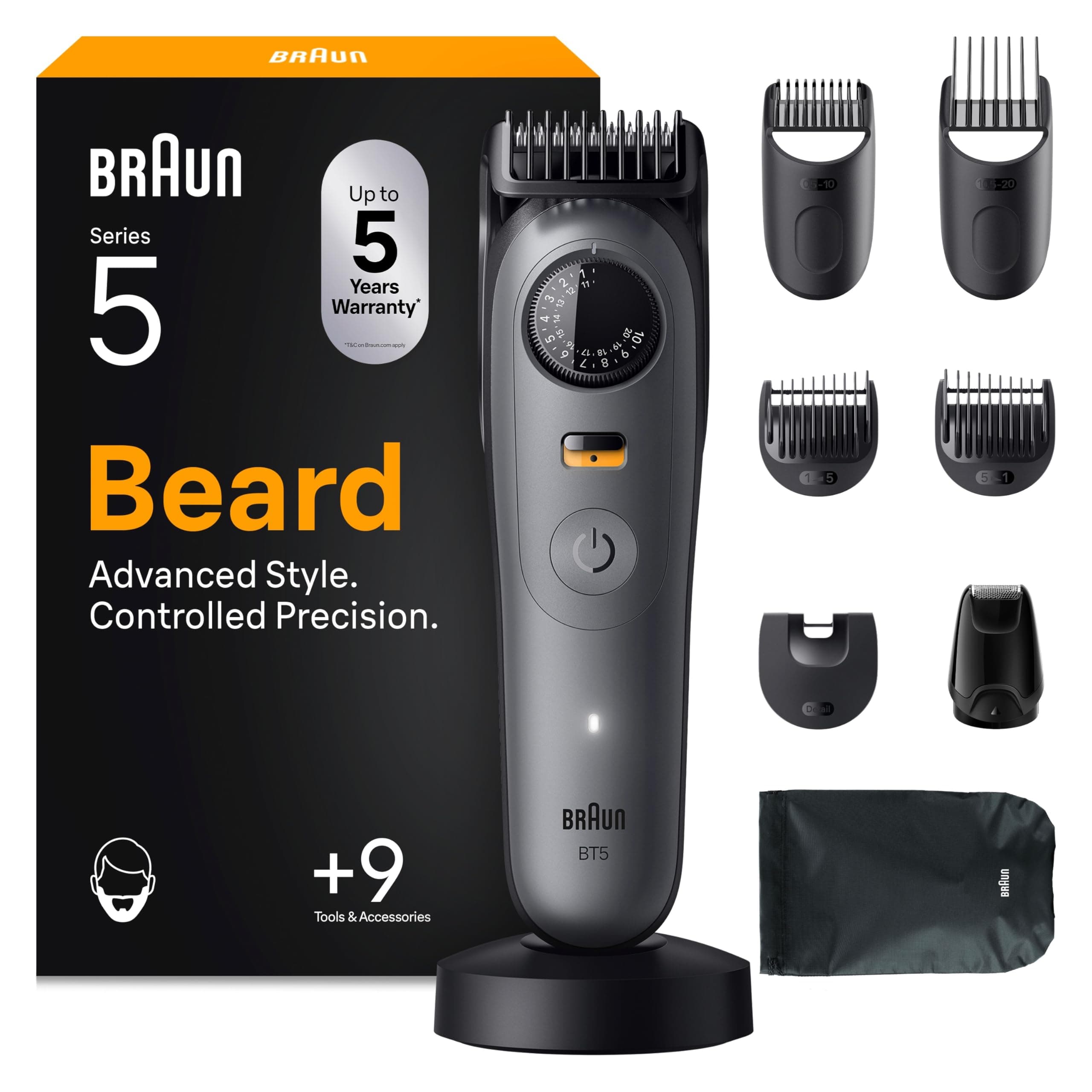Braun Recortadora De Barba Series 5 BT5565, Barbero Recargable Resistente Al Agua, +9 Accesorios De Afeitado, 120 Min De Autonomía, 40 Longitudes, Lámina Ultra Afilada, Gris
