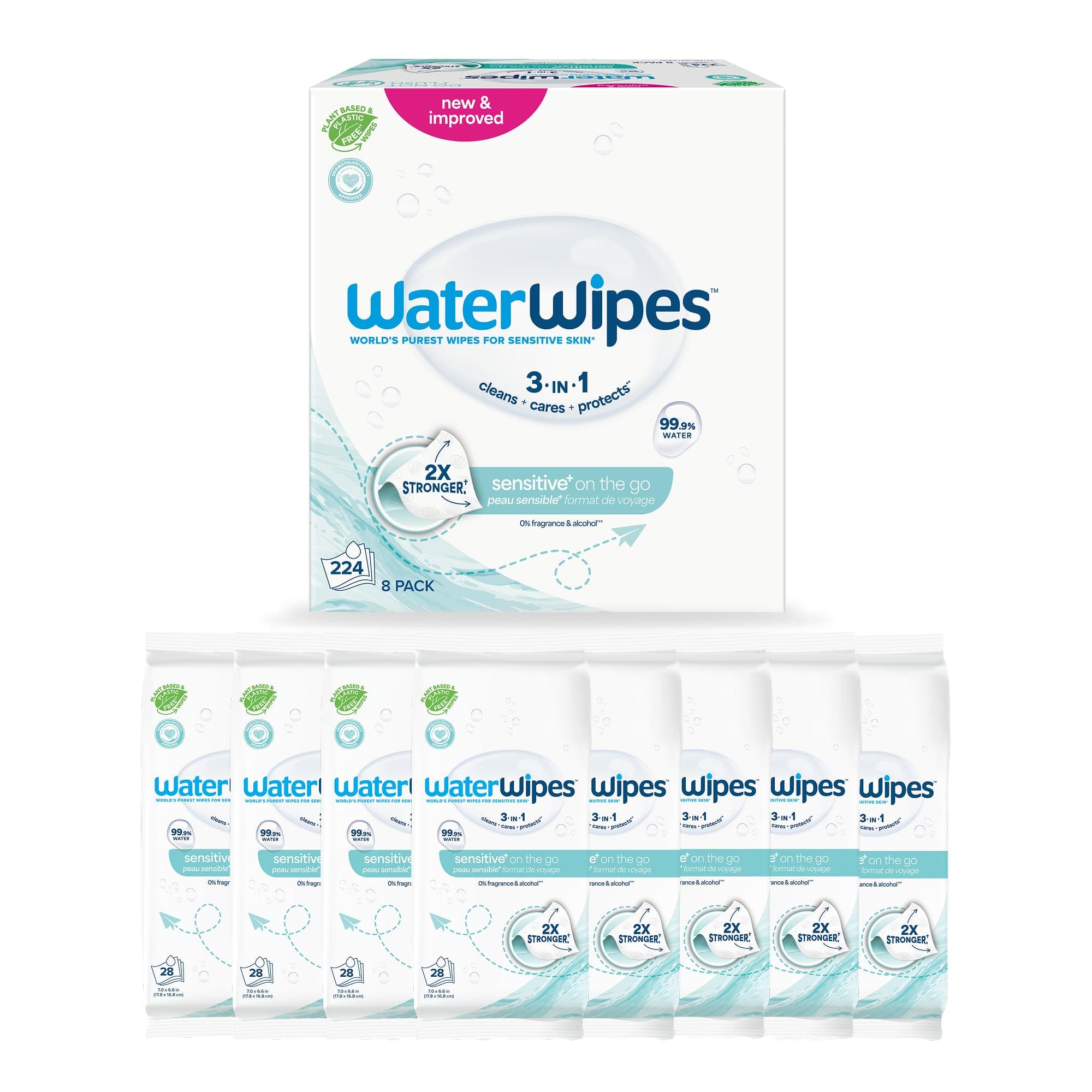 WaterWipes On The Go, 224 Salviette (8 Confezioni), Salviette Umidificate al 99.9% a base di Acqua, Ideali per Viaggi, Progettate per Viso e Corpo