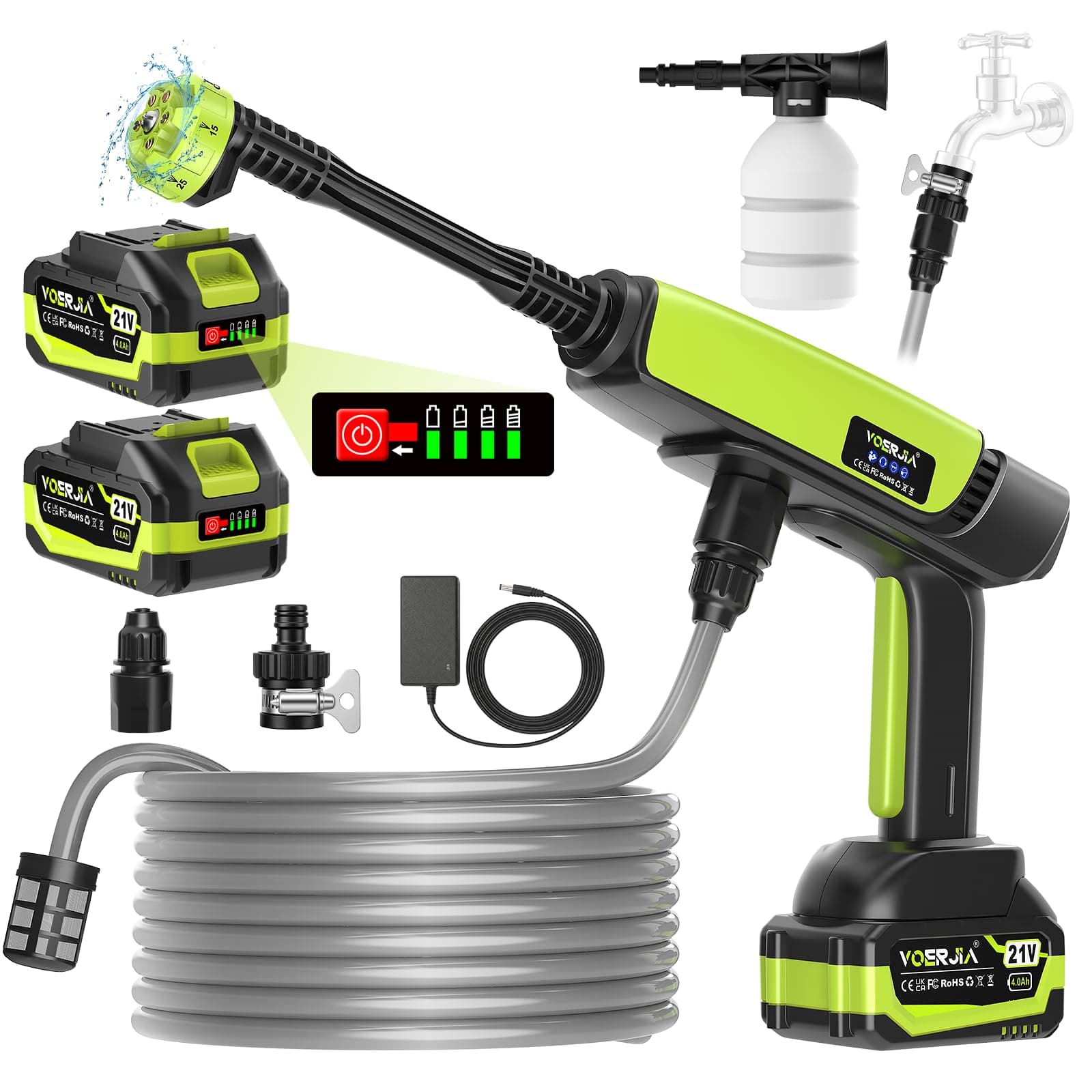 VOERJIA Hidrolimpiadora de Alta Presión a Batería 1000 PSI, Pistola de Agua Inalámbrica con 2 Baterías 4.0Ah (LED), Boquilla 6 en 1 para Lavado de Coche, Fachadas y Riego de Jardín