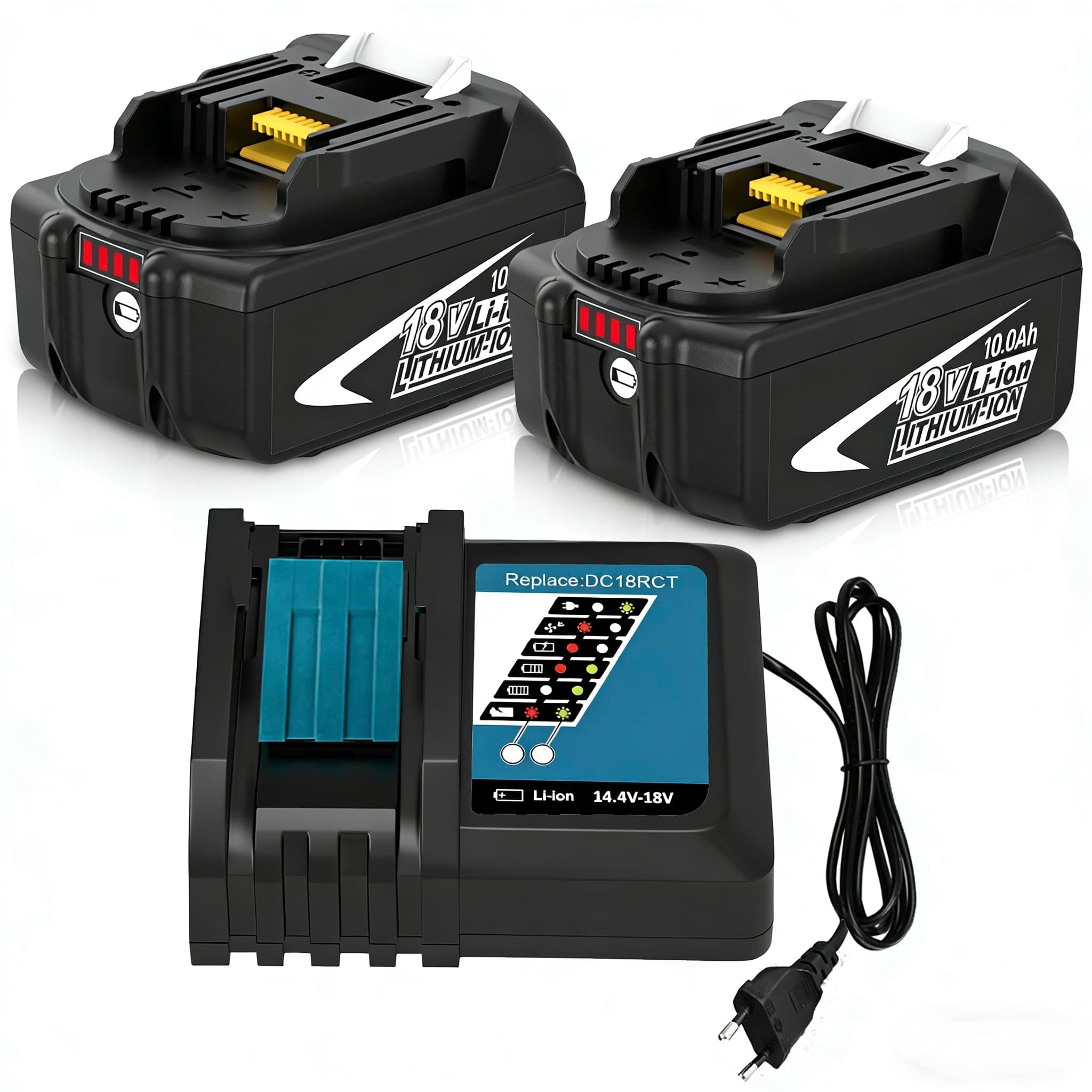 Pack de 2 Batteries 10.0Ah de Rechange pour Makita Batterie 18V BL1860B + Chargeur DC18RC Compatible Outils sans Fil LXT DHP485 DTD154 DHS68-Haute Autonomie pour Chantier/Jardin