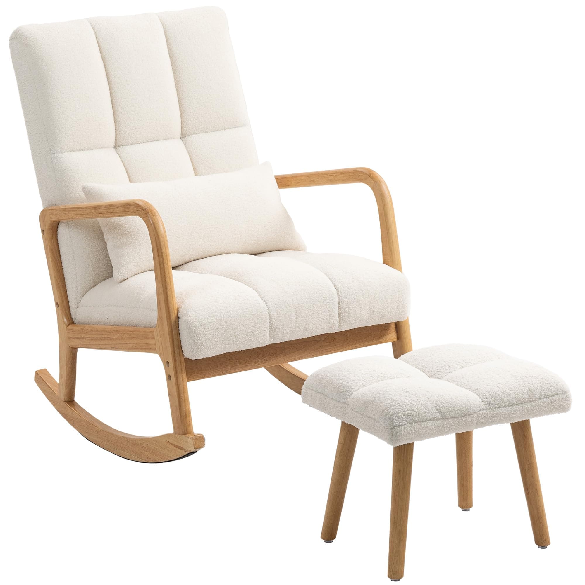 HOMCOM Fauteuil à Bascule avec Repose-Pieds, Rocking Chair en Tissu Bouclette, Assise Large, Pieds en Bois, Coussin Inclus, Chaise à Bascule pour Salon, Chambre, Balcon, Blanc