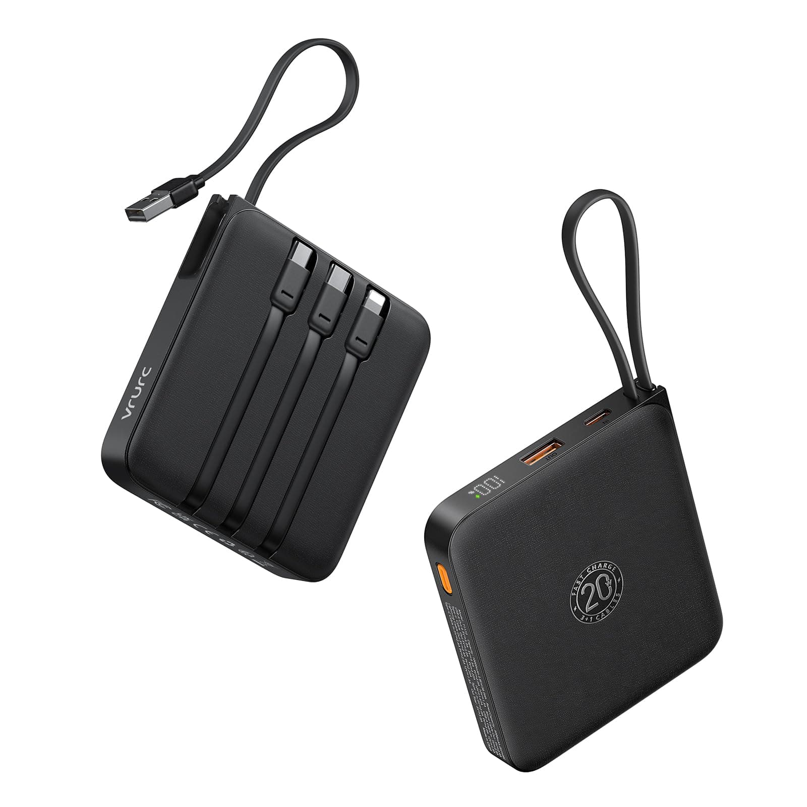 VRURC Power Bank 20000mAh, Power bank con Cavi Integrati, 22.5W Batteria USB C a Carica Rapida, Display LED per iPhone 15 14 iPad Samsung Galaxy S23 Google Android Phone - Nero