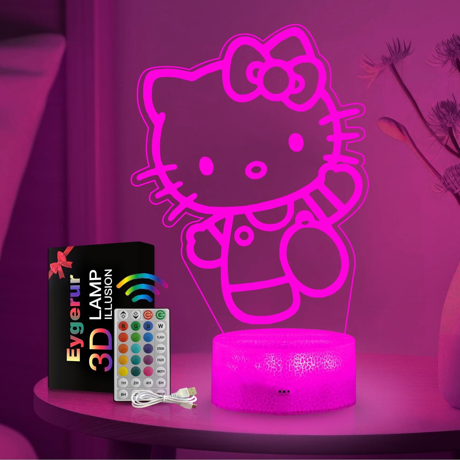 Eygerur Kitty Luce Notturna Bambini, Regalo de Kitty per Bambini 2 3 4 5 6 7+ anni,Kitty Lampade 3D Illusione Lamp con 16 Cambi di Colore, Regali di Natale Compleanno per Ragazza, Ragazzo